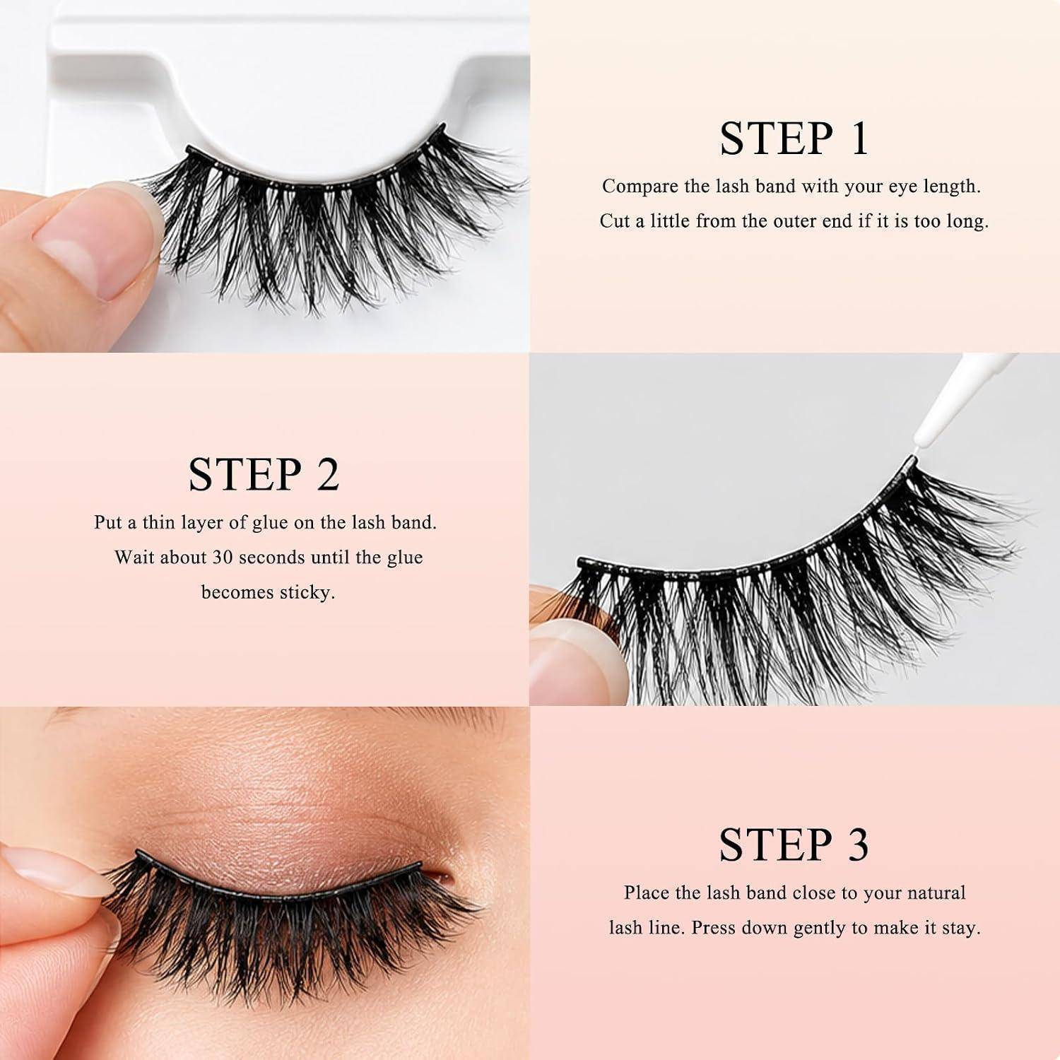 Anleitung für die drei Schritte beim Anbringen von Wimpern: Messen Sie das Wimpernband zu und schneiden Sie es zu, tragen Sie Kleber auf und lassen Sie ihn klebrig werden, dann platzieren Sie die Wimpern und drücken Sie sie entlang der natürlichen Wimpernlinie an.