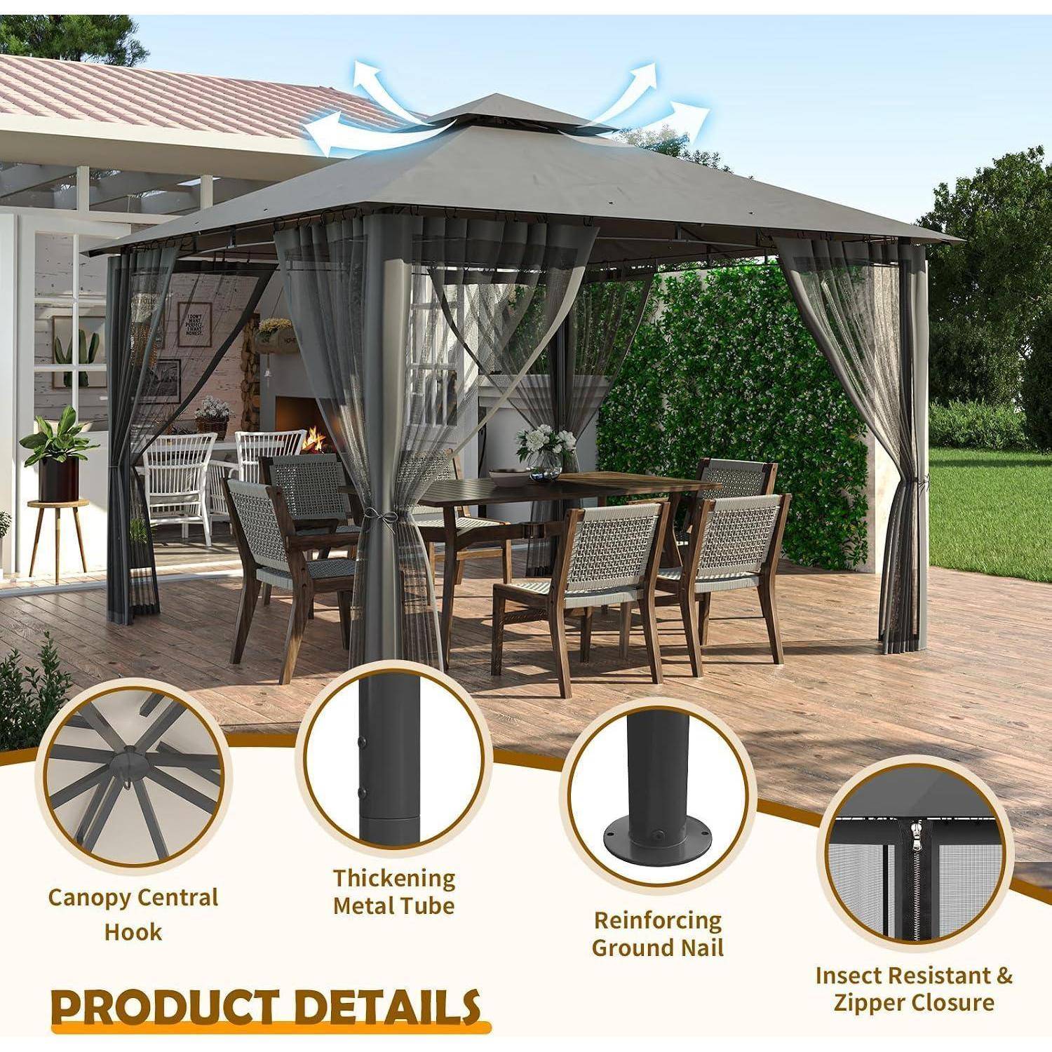 Outdoor-Pavillon mit Mesh-Vorhängen über einer Terassen-Essgruppe, dargestellt als Produktanzeige mit Hervorhebung von Baldachinhaken, Metallrohr, Erdnagel und Reißverschluss.