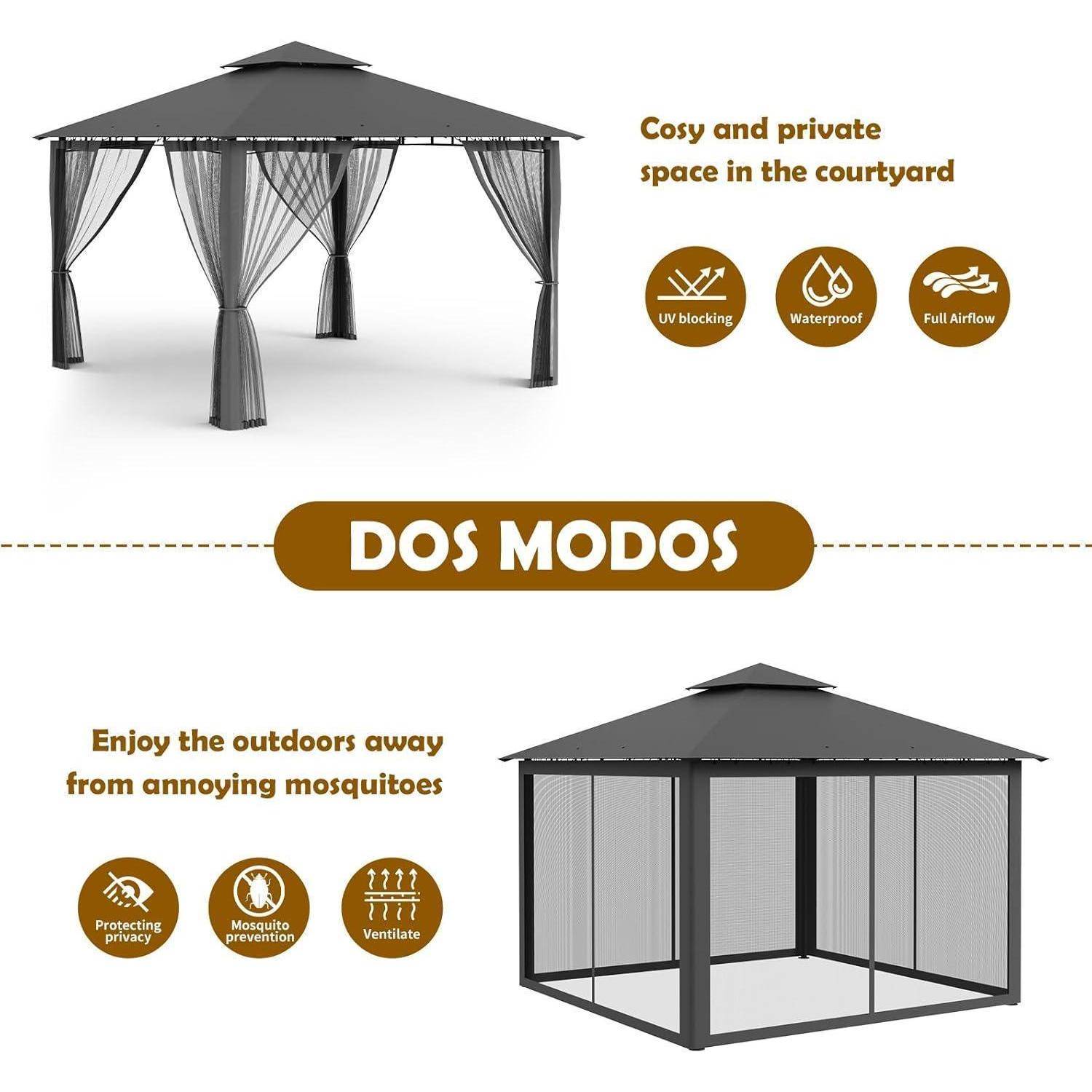 Werbegrafik, die zwei Gazebo-Bildschirm-Gehäusestile zeigt: ein Baldachin mit Vorhängen und ein Gazebo mit Mesh-Wänden, beschriftet mit „DOS MODOS" mit Symbolen für UV-Schutz, Wasserfestigkeit, Luftstrom, Privatsphäre, Mückenschutz und Belüftung.