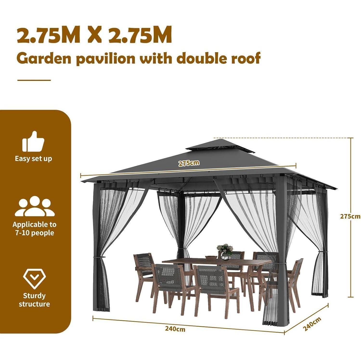 Produktgrafik eines 2,75 m x 2,75 m Gartenpavillon mit Doppeldach, zeigt Abmessungen, einfache Montage und Kapazität für 7-10 Personen.