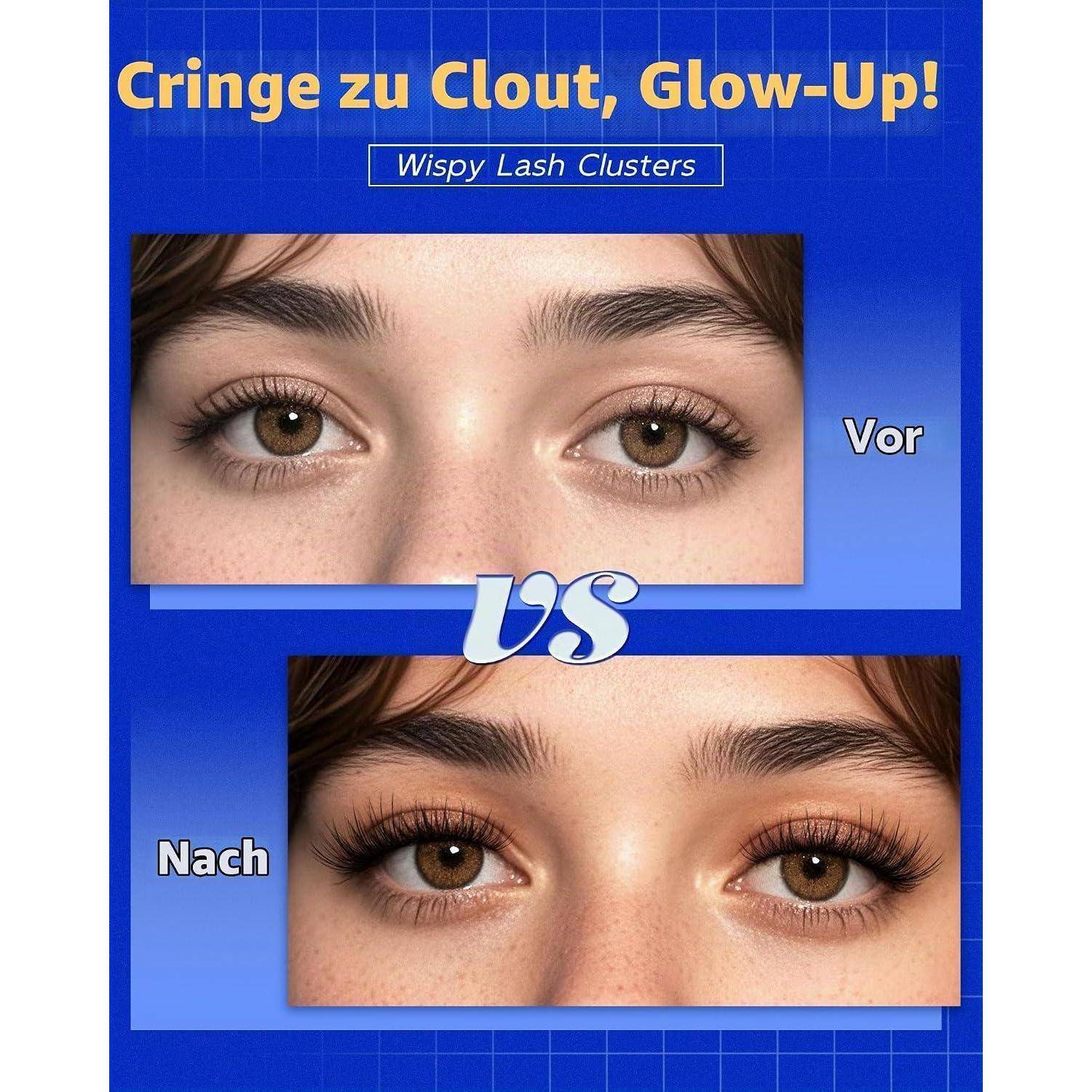 Werbebild vor und nach einer Augenbehandlung einer Frau mit zarten Wimpernbüscheln: 
