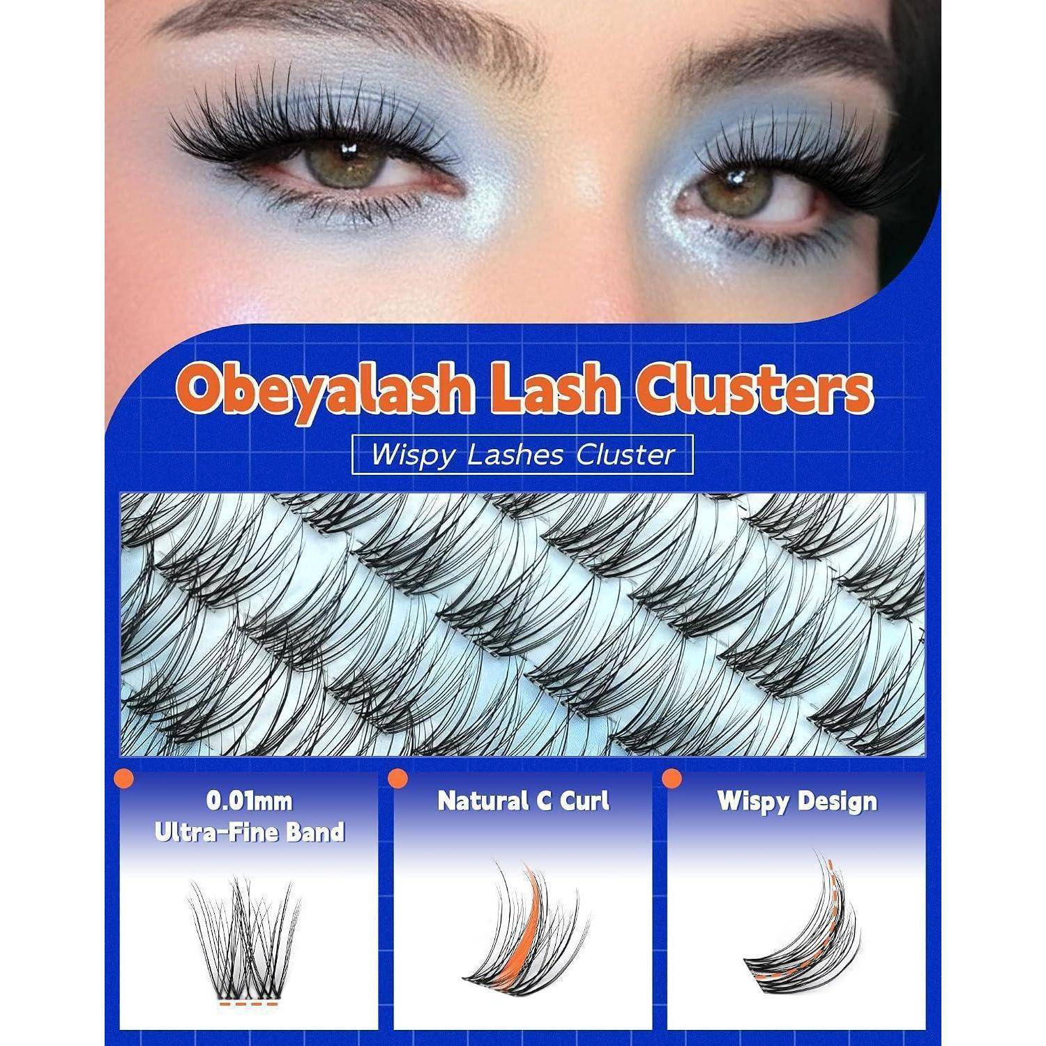 Produktanzeige mit Augen mit langen Wimpern und Verpackung für „Obeyalash Lash Clusters