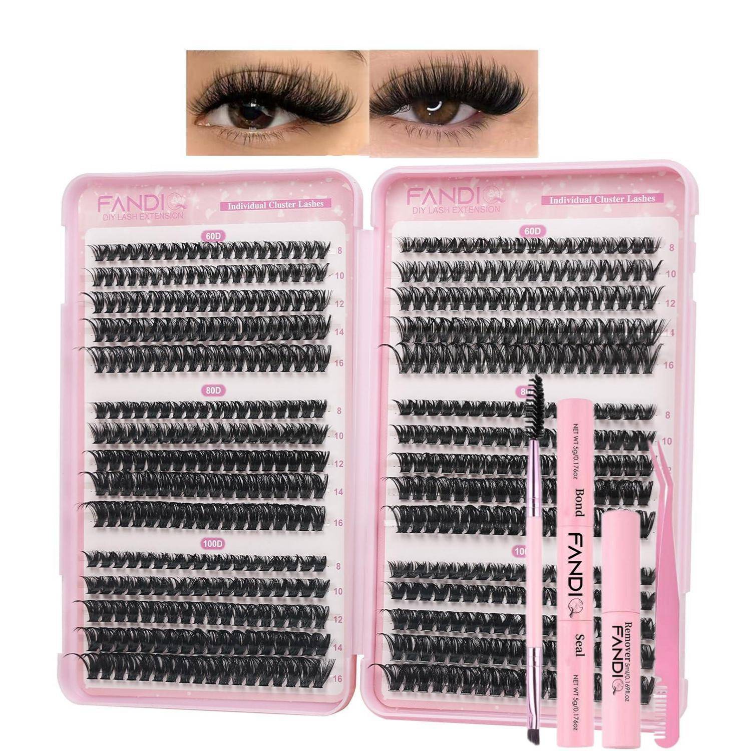 Rosa-Wimpernverlängerungs-Set mit Behältern schwarzer künstlicher Wimpern und Applikatoren, dargestellt mit zwei Nahaufnahmen-Beispielen von Wimpern-Looks oben.