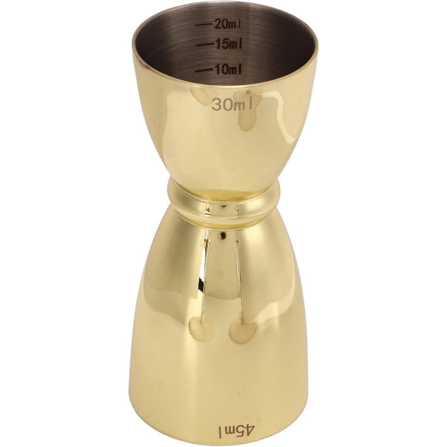 Goldmetalles Messbecherglas mit Innenmarkierungen für 10ml, 15ml, 20ml und 30ml, außen mit 45ml gekennzeichnet.