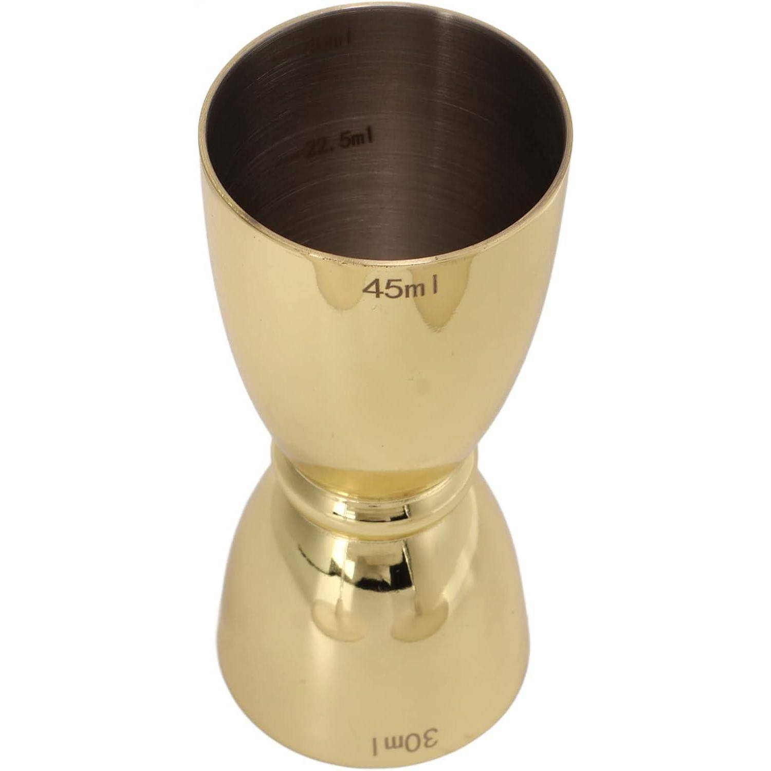 Goldmetall-Messzylinder mit Markierungen für 45 ml und 30 ml, aufrecht auf weißem Hintergrund dargestellt.