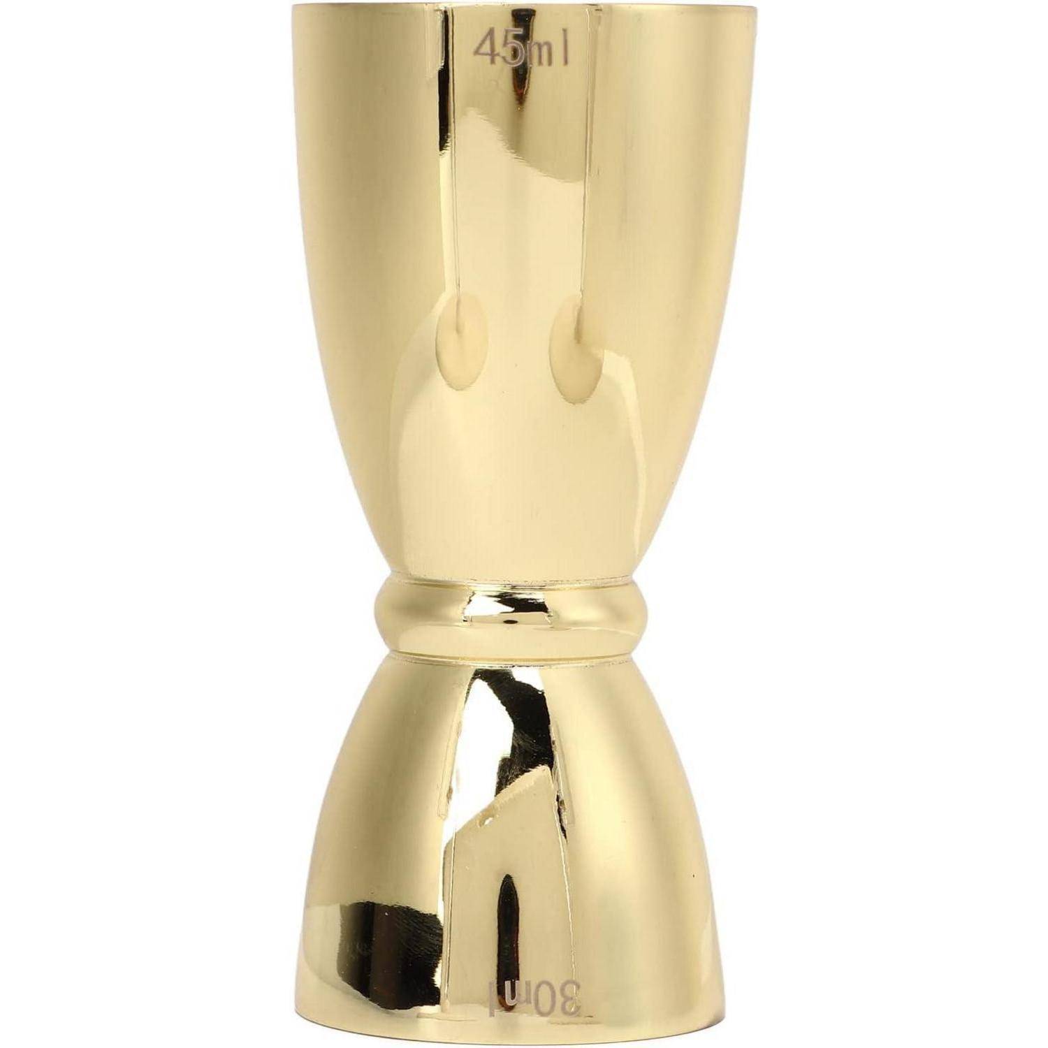 Goldener beidseitiger Messbechter mit Markierungen von 45 ml und 30 ml, isoliert auf weißem Hintergrund.