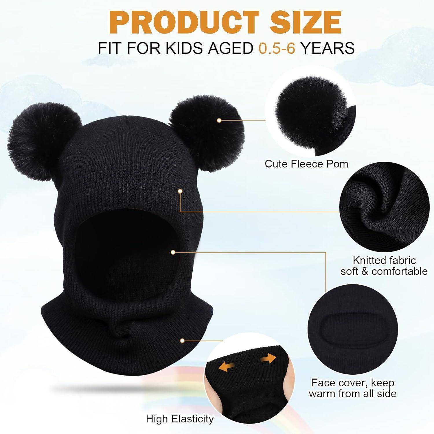 Produktgrößen-Grafik für Kinder im Alter von 0–5 Jahren, die eine schwarze gestrickte Sturmhaube mit Pompons zeigt, mit Hervorhebung von Fleece-Pompon, weichem Stoff, Gesichtsabdeckung und hoher Elastizität.