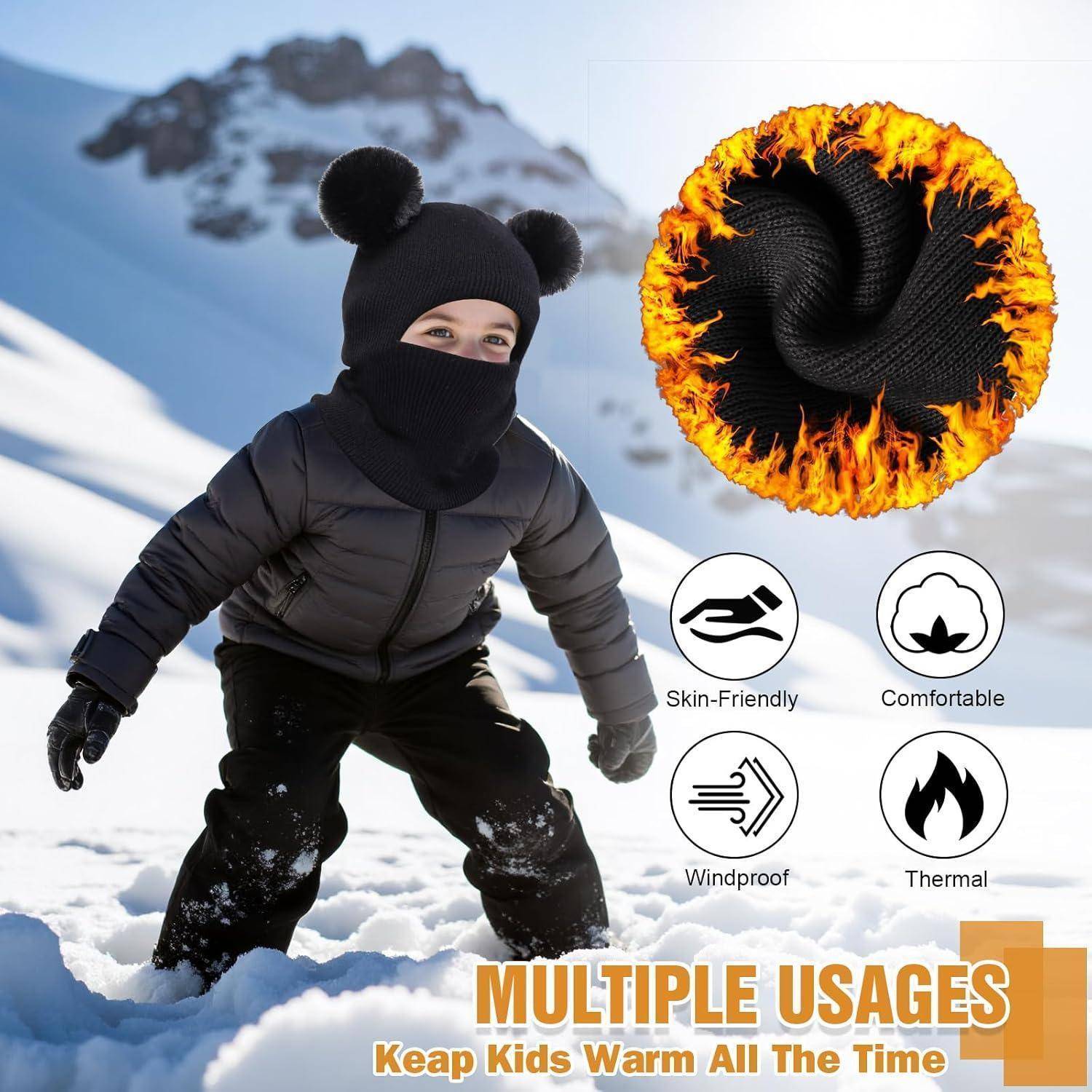 Kind in schwarzem Winter-Schneeanzug und Gesichtsmaske spielt im Schnee, mit Produktgrafik, die eine flammendes gestricktes Beanie-Mütze und Symbole mit den Bezeichnungen „Hautfreundlich