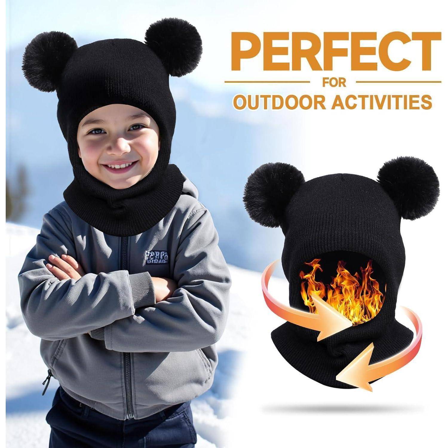 Kind mit schwarzem Bärenmützen-Winterhut und Halstuch im Freien im Schnee, gezeigt neben einer wärmespeichernden Hutgrafik mit Flammen und dem Text „PERFEKT FÜR OUTDOOR-AKTIVITÄTEN