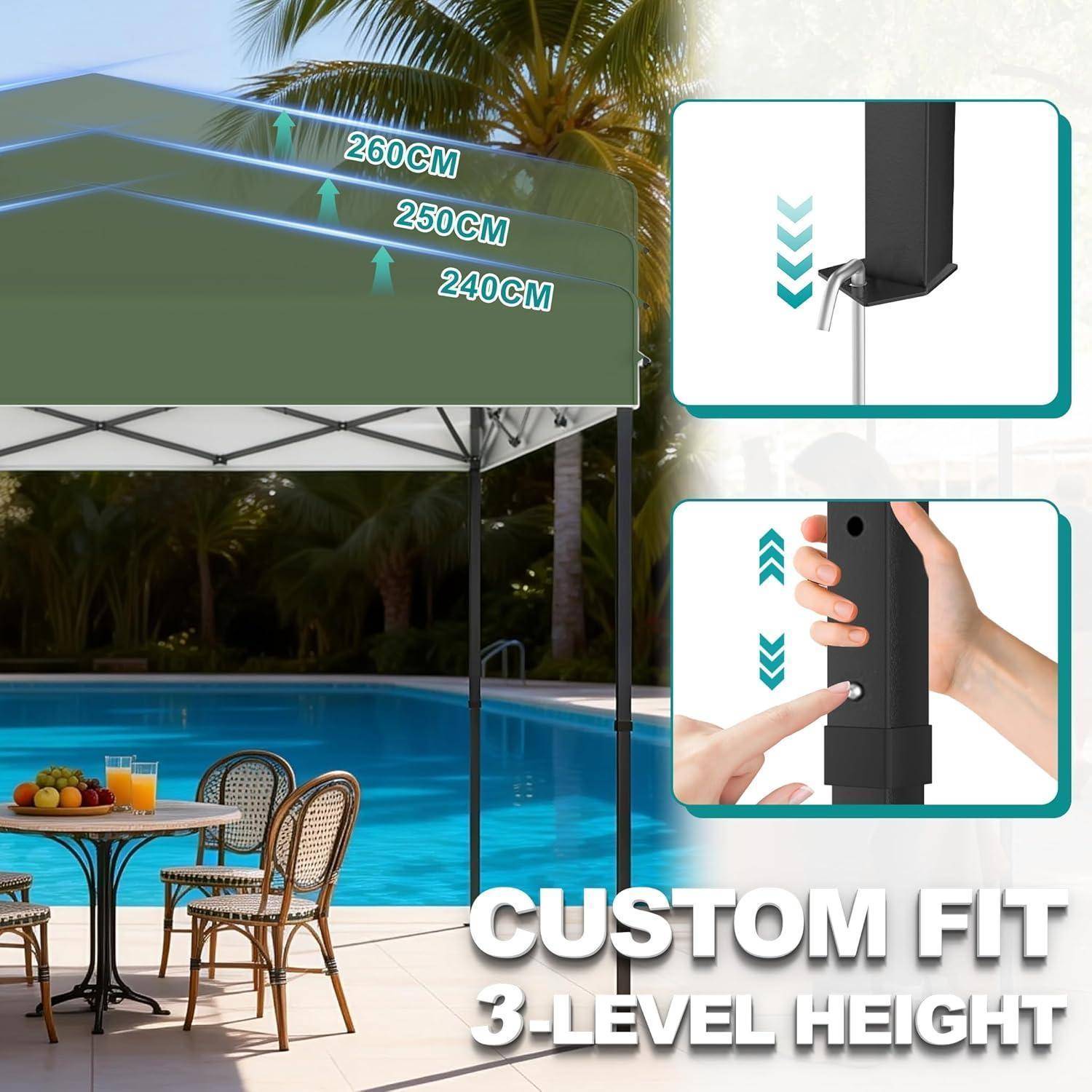 Außen-Terrassenmarkise neben einem Schwimmbad mit eingefügten Diagrammen, die verstellbare Pfosten­höhen von 240 cm, 250 cm und 260 cm sowie einen Druckknopf-Anpassungsmechanismus zeigen.