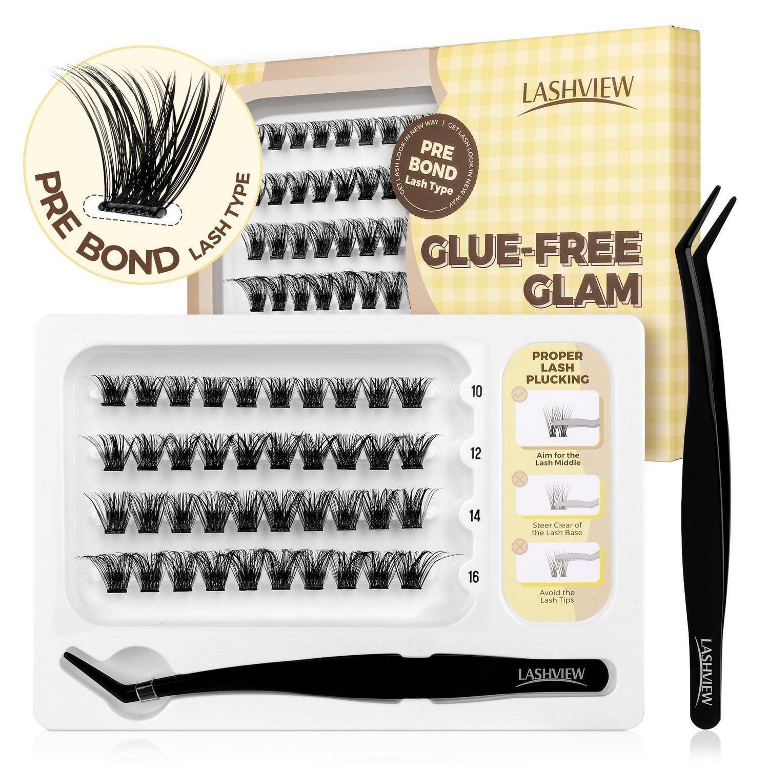 Lashview Kleber-freies Glamour-Set für künstliche Wimpern mit vorgeklebten Wimpernstreifen, Applikationspinzette und vier Wimpernlängen in einer weiß-goldenen Verpackung.