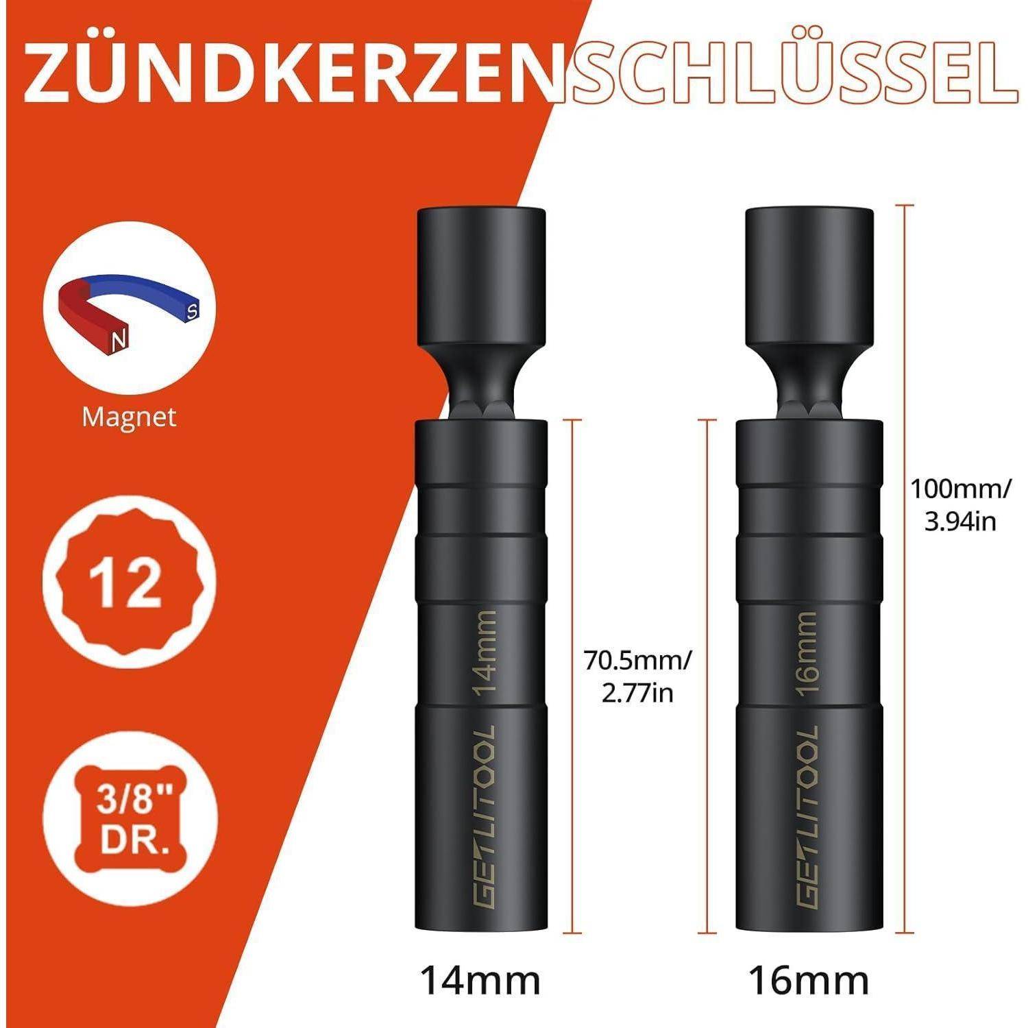 Produktgrafik für einen magnetischen Zündkerzennussset mit Ratsche, zeigt 14mm und 16mm Nüsse, 12-Punkt-Ausführung, 3/8-Zoll-Antrieb, mit Längen von 70,5mm und 100mm.