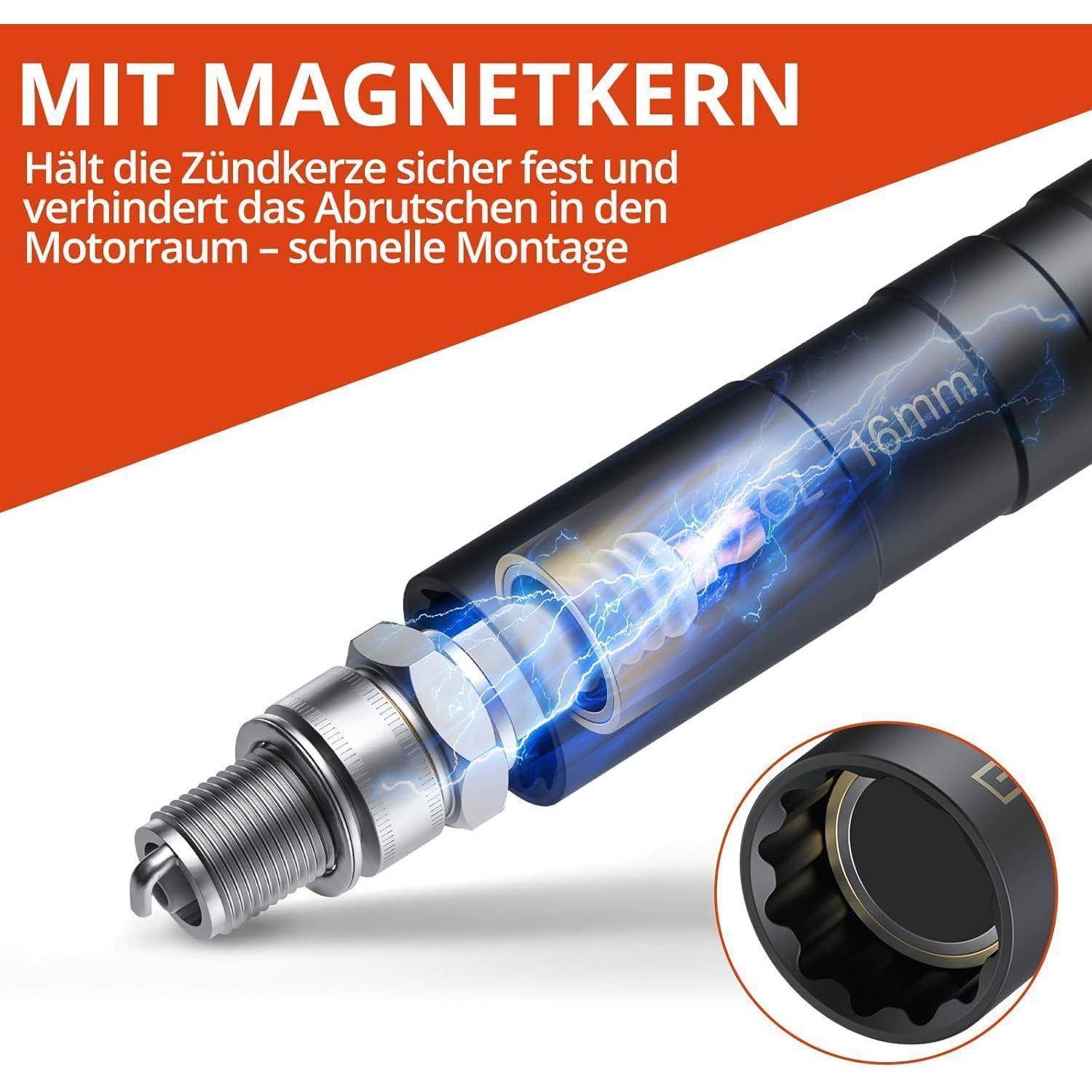 Magnetischer Zündkerzenstecker hält die Zündkerze sicher fest und verhindert Abrutschen im Motorraum; Produktgrafik mit Detailansicht.