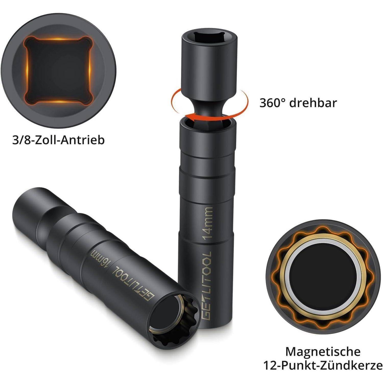 Produktgrafik einer 14-mm-Zündkerzensteckdose mit Magnethalterung, 12-Punkt-Ausführung, 3/8-Zoll-Antrieb und 360-Grad-Drehgelenk, dargestellt aus mehreren Winkeln mit gekennzeichneten Teilen.