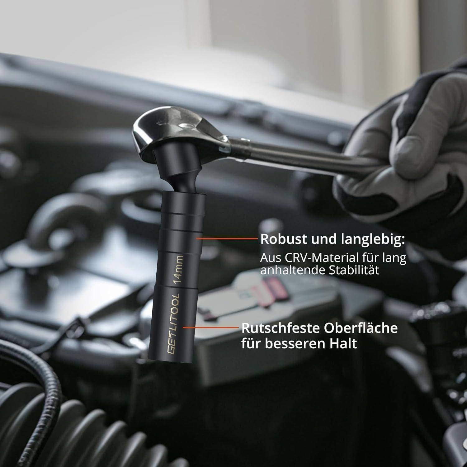 Handschuh behandelte Hand benutzt einen Ratschenschlüssel an einer 14mm EVOLUTION Stecknuss in einem Motorraum, wobei deutscher Text langlebiges CR-V Material und eine rutschfeste Oberfläche hervorhebt.
