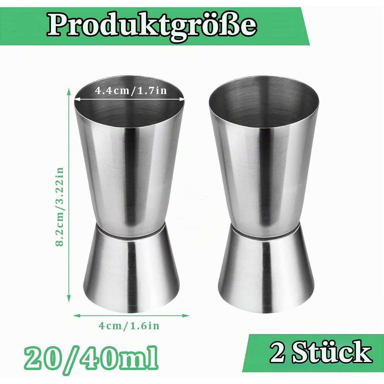 Produktgrößendiagramm mit zwei Edelstahl-Messbechern, 8,2 cm Höhe, 4,4 cm oberer Durchmesser, 4 cm Basis, 20/40 ml Fassungsvermögen, gekennzeichnet mit „2 Stück".