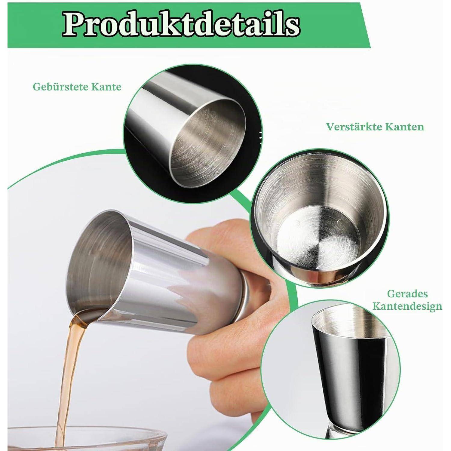 Deutsches Produktdetailbild zeigt einen Edelstahlbecher mit gebürsteter, verstärkter, geradem Rand-Design und Flüssigkeit, die in ein Glas gegossen wird.