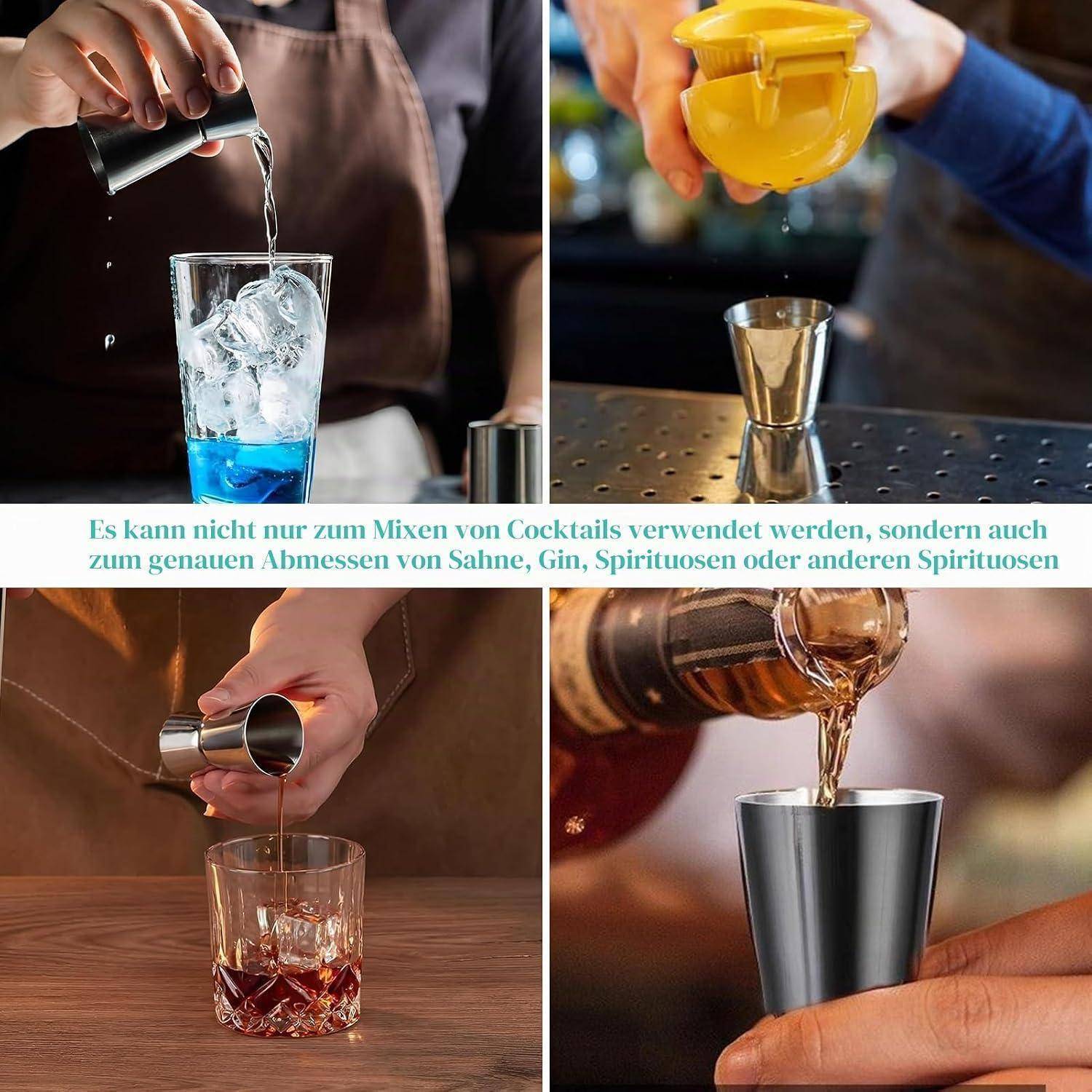 # Vier-Panel-Collage, die eine Messzange zeigt, die zum Abmessen und Eingießen von Getränken in Gläser verwendet wird, mit deutschem Text, der besagt, dass sie für Cocktails und genaue Portionierung von Sahne, Gin, Spirituosen und anderen Likören verwendet werden kann.