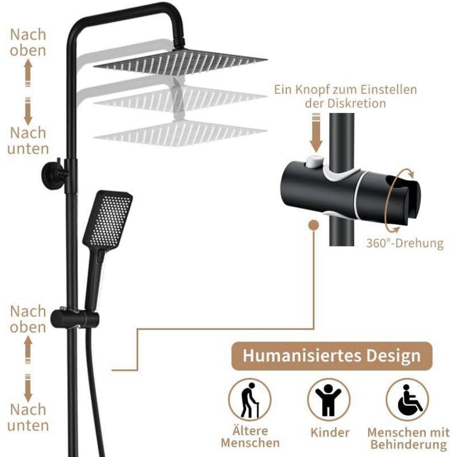 Diagramm eines Duschasystems mit einstellbarer Höhe und 360°-Rotation, mit einer Taste zur Sprühkontrolle und „Humanisiertes Design