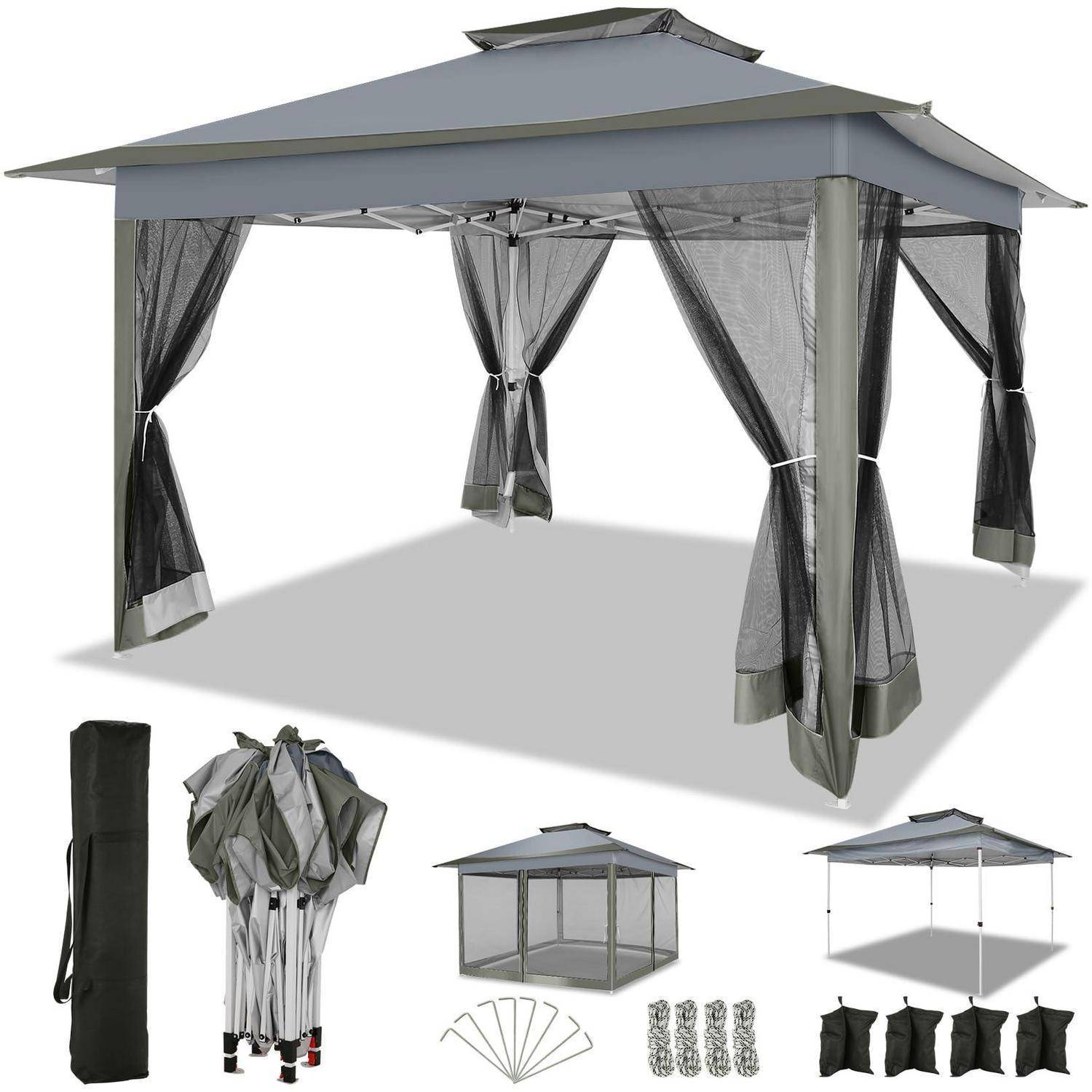 Grauer Pavillon-Stil Außendachzelt mit Moskitonetz-Vorhängen, gezeigt montiert und zusammengefaltet mit Tragetasche und Heringe/Zubehör.