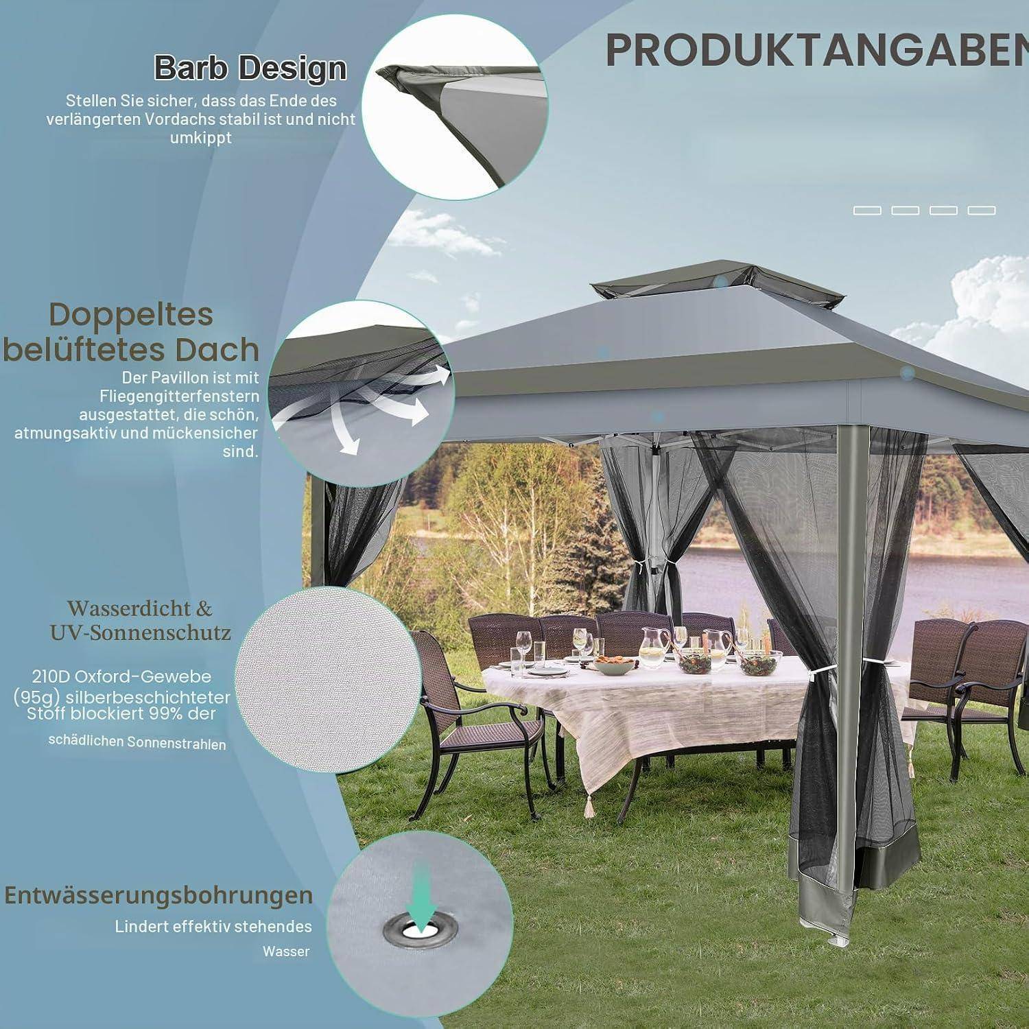 Produktbild eines grauen Außenpavillon mit doppelbelüftetem Dach, wasserdichtem UV-beständigem Stoff, Ablauflöchern und Vorhängen über einem Patio-Esszimmerset.