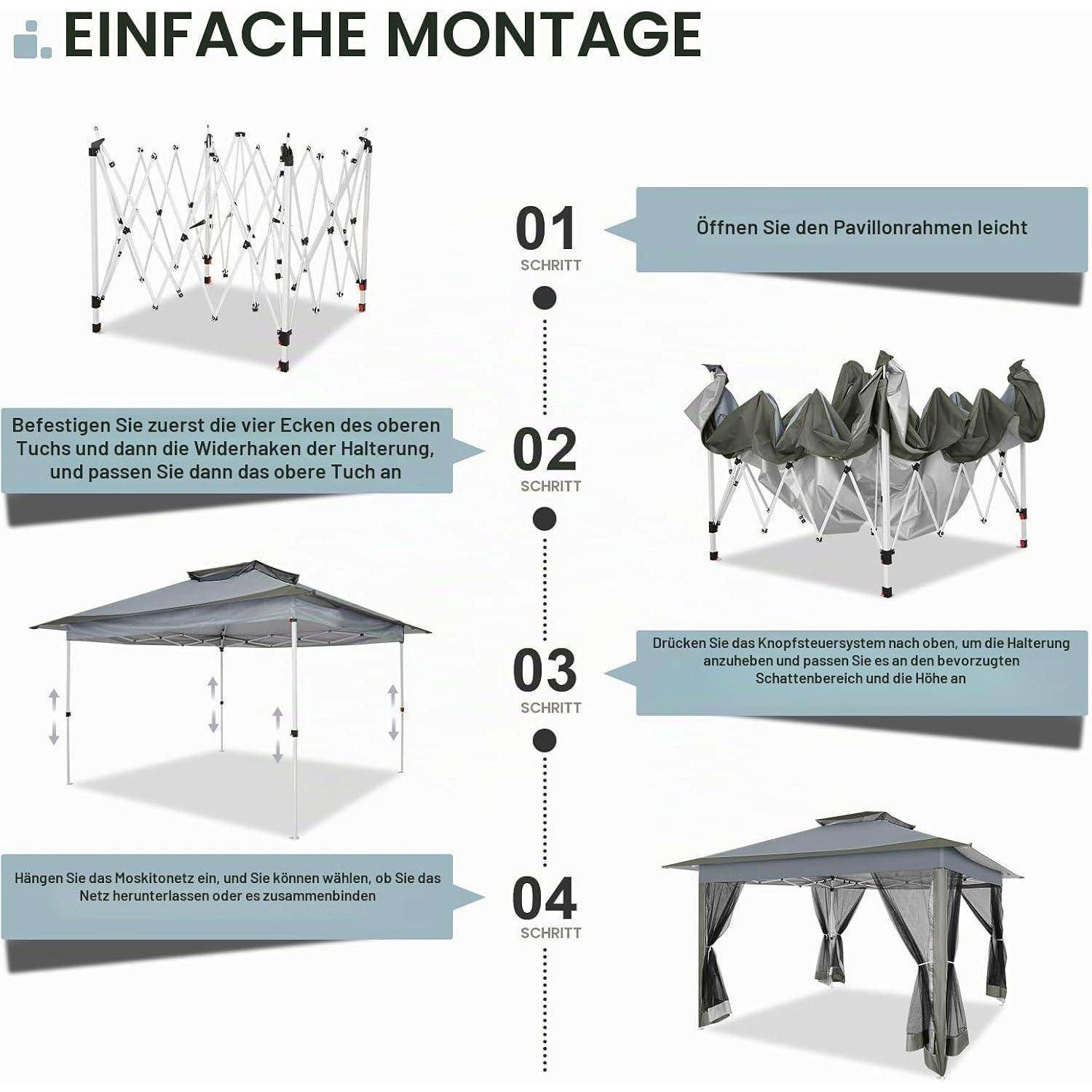 Anleitung zum Zusammenbau eines Gazebo-Baldachins: Schritt 1 Rahmen öffnen; Schritt 2 Abdeckung und Haken anbringen; Schritt 3 Stützpfosten anziehen; Schritt 4 Moskitonetz aufhängen.
