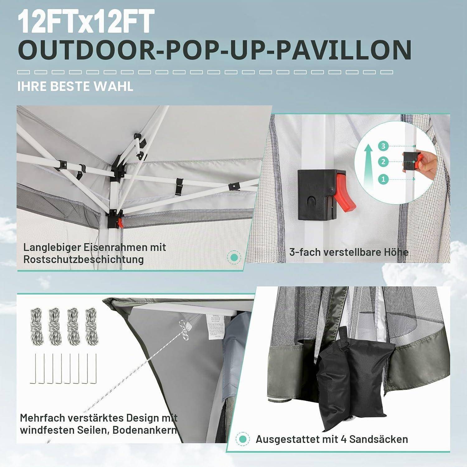 Marketinggrafik für ein 12 x 12 Fuß großes Outdoor-Popup-Pavillon, das Rahmen, verstellbare Höhe, verstärkte Konstruktion und enthaltene Sandsäcke zeigt.