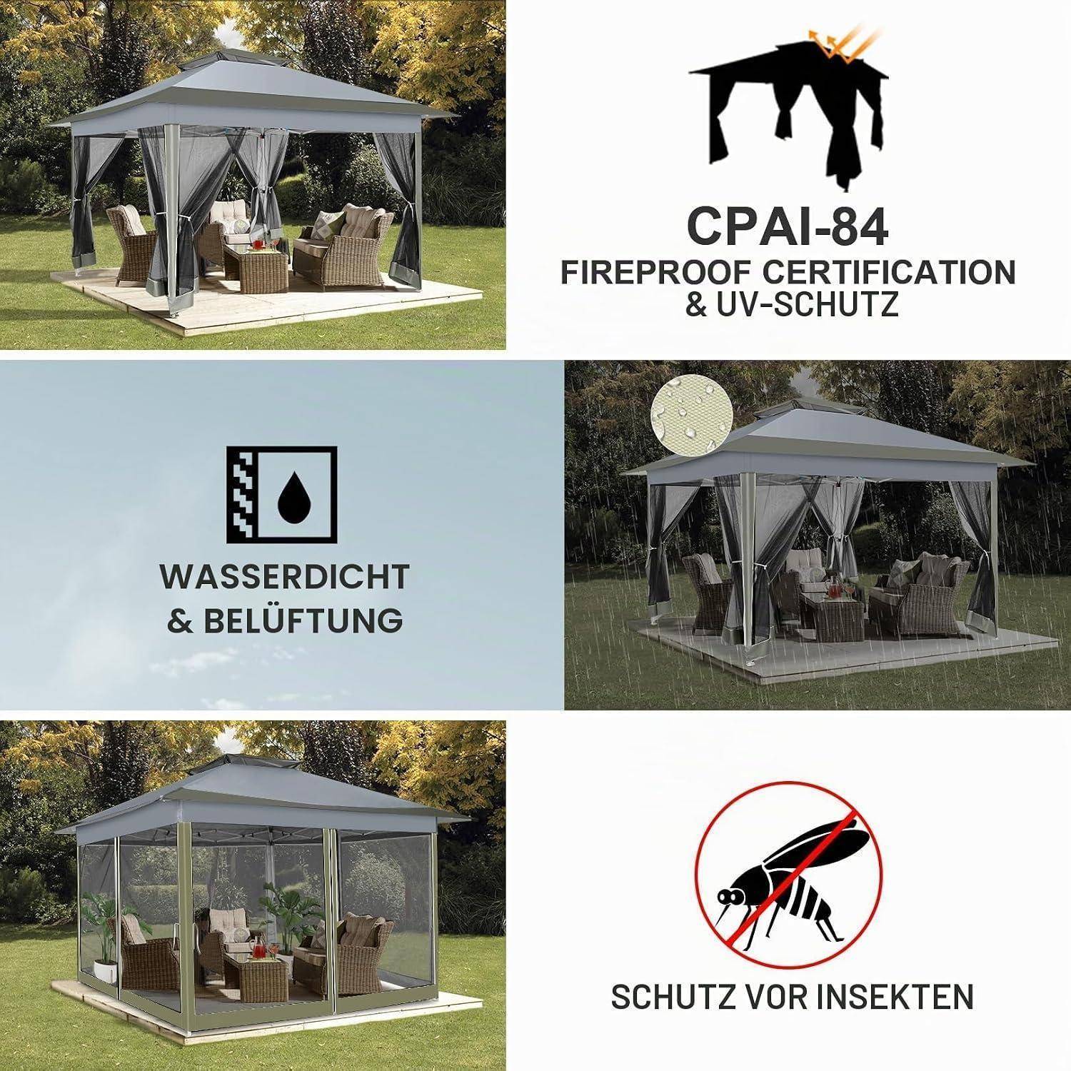 Werbe-Collage eines Gaze-Pavillons mit Außensitzgelegenheiten und Funktionen: feuerfest, UV-Schutz, wasserdicht, Belüftung und Insektenschutz.