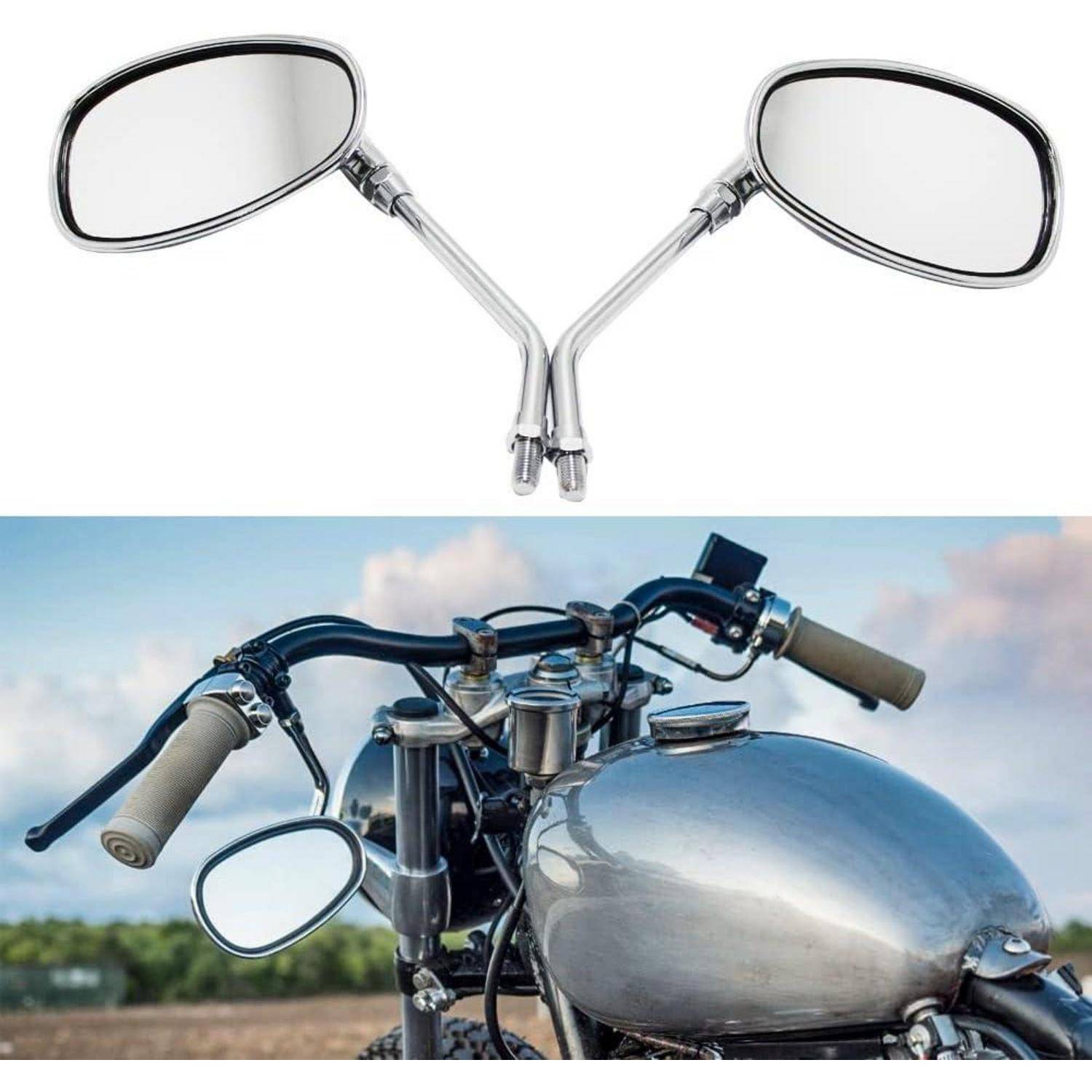 Motorrad-Rückspiegel oben dargestellt, mit einer Nahaufnahme eines an einem benutzerdefinierten Motorrad-Lenker montierten Spiegels unten.