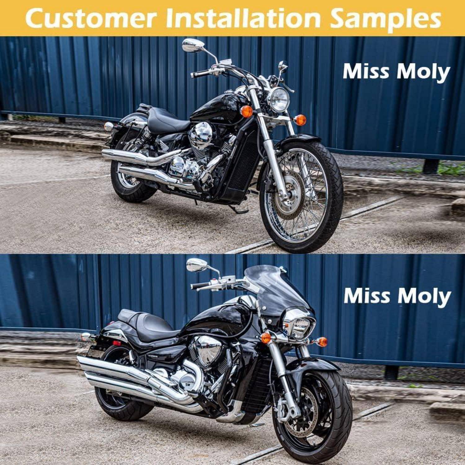 Zwei Fotos eines schwarzen Cruiser-Motorrads mit der Bezeichnung „Miss Moly
