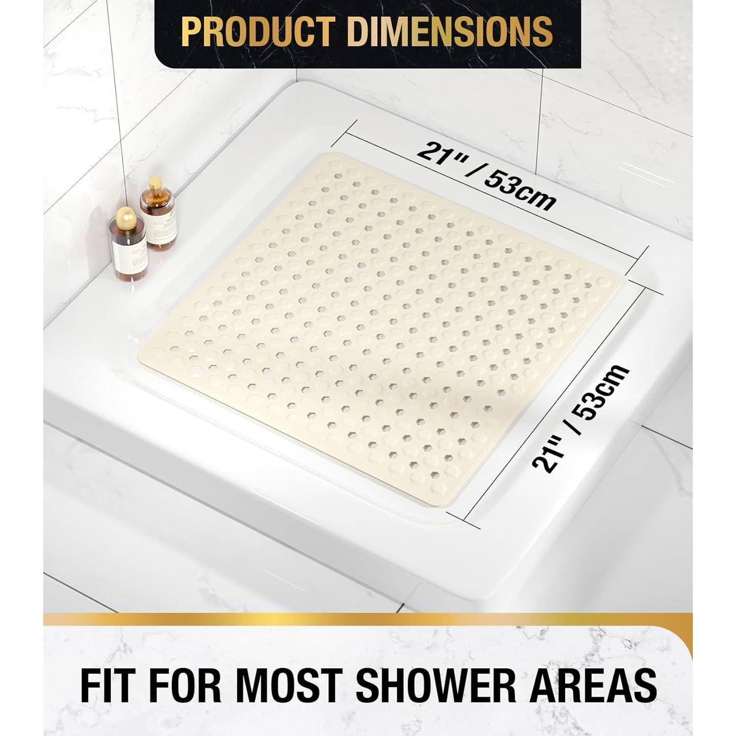Quadratische Badematte, dargestellt mit Produktabmessungen 21 Zoll/53 cm x 21 Zoll/53 cm, gekennzeichnet mit „passt für die meisten Duschbereiche