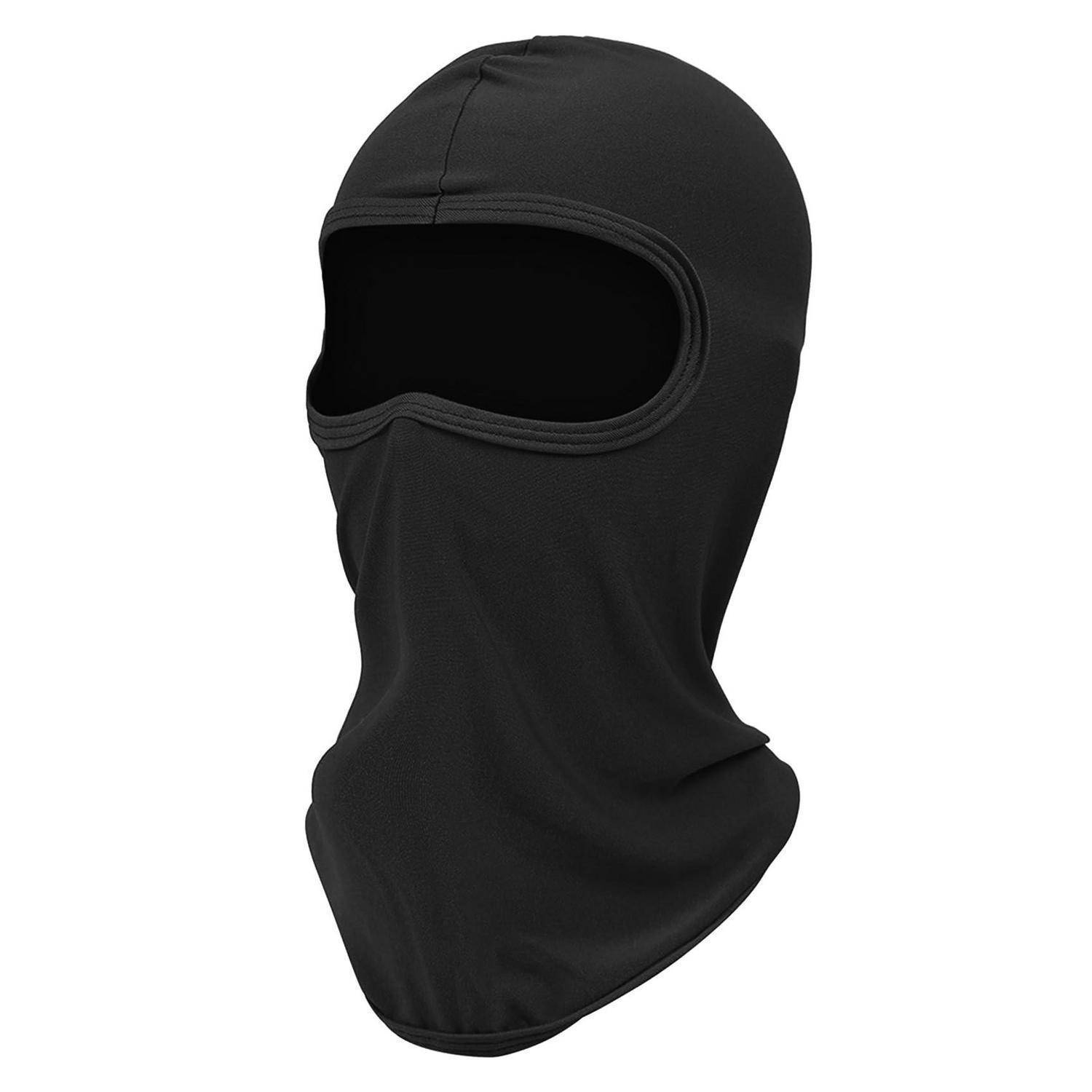 Schwarze Gangsichtmaske mit Öffnung für die Augen, die Kopf, Nacken und unteres Gesicht bedeckt, auf weißem Hintergrund.