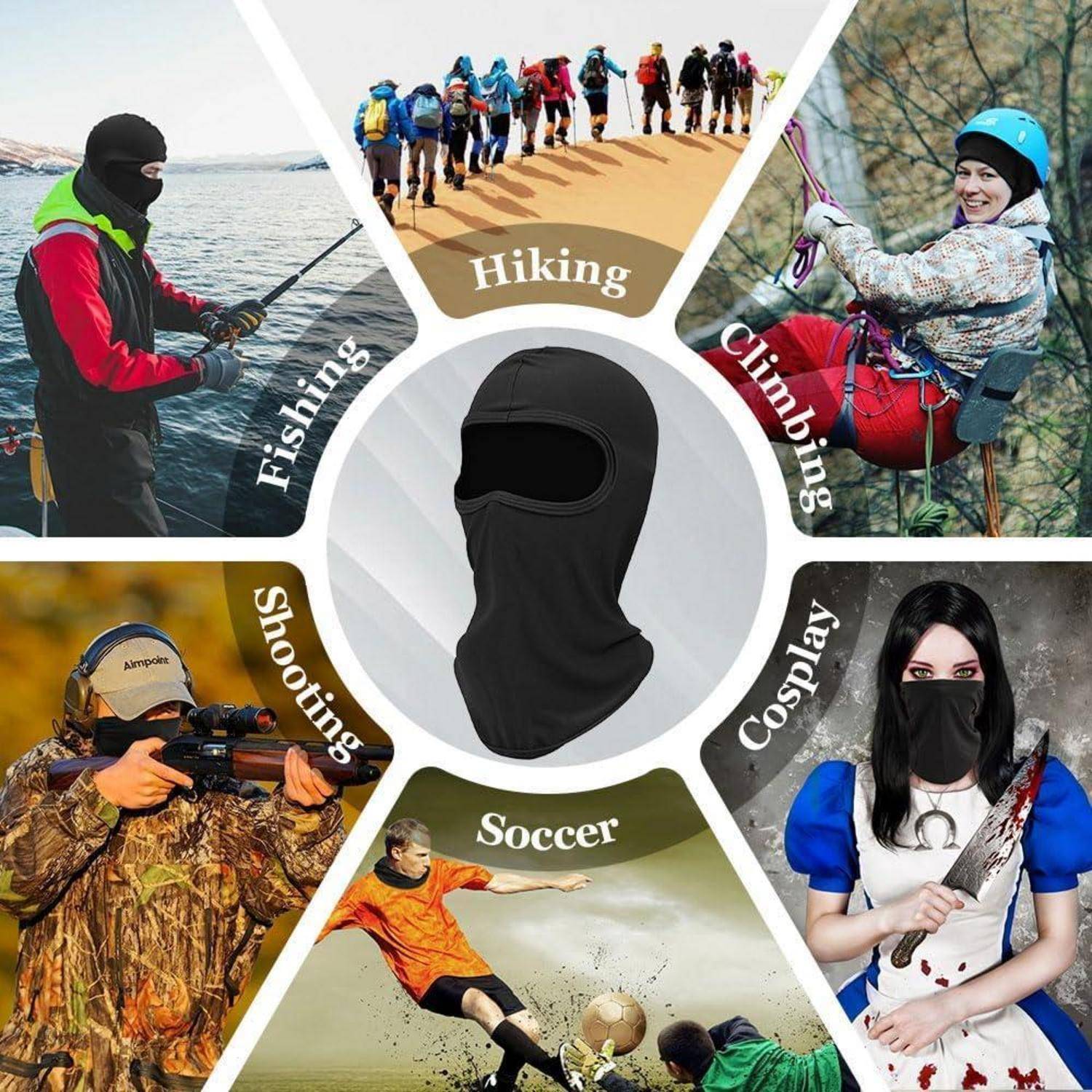 Schwarze Sturmhaube in der Mitte einer Collage mit Anwendungen zum Angeln, Wandern, Klettern, Schießen, Fußball und Cosplay.