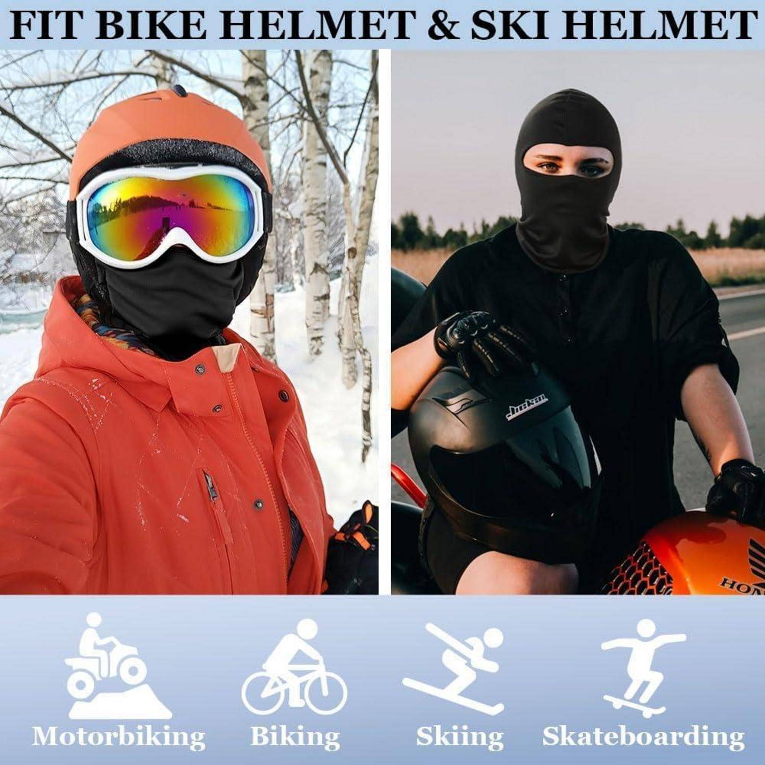 Werbebild einer Ski- und Fahrradhelm-Abdeckung, gezeigt auf zwei maskierten Fahrern im Winter und auf einem Motorrad, beschriftet für Motorradfahren, Radfahren, Skifahren und Skateboarden.