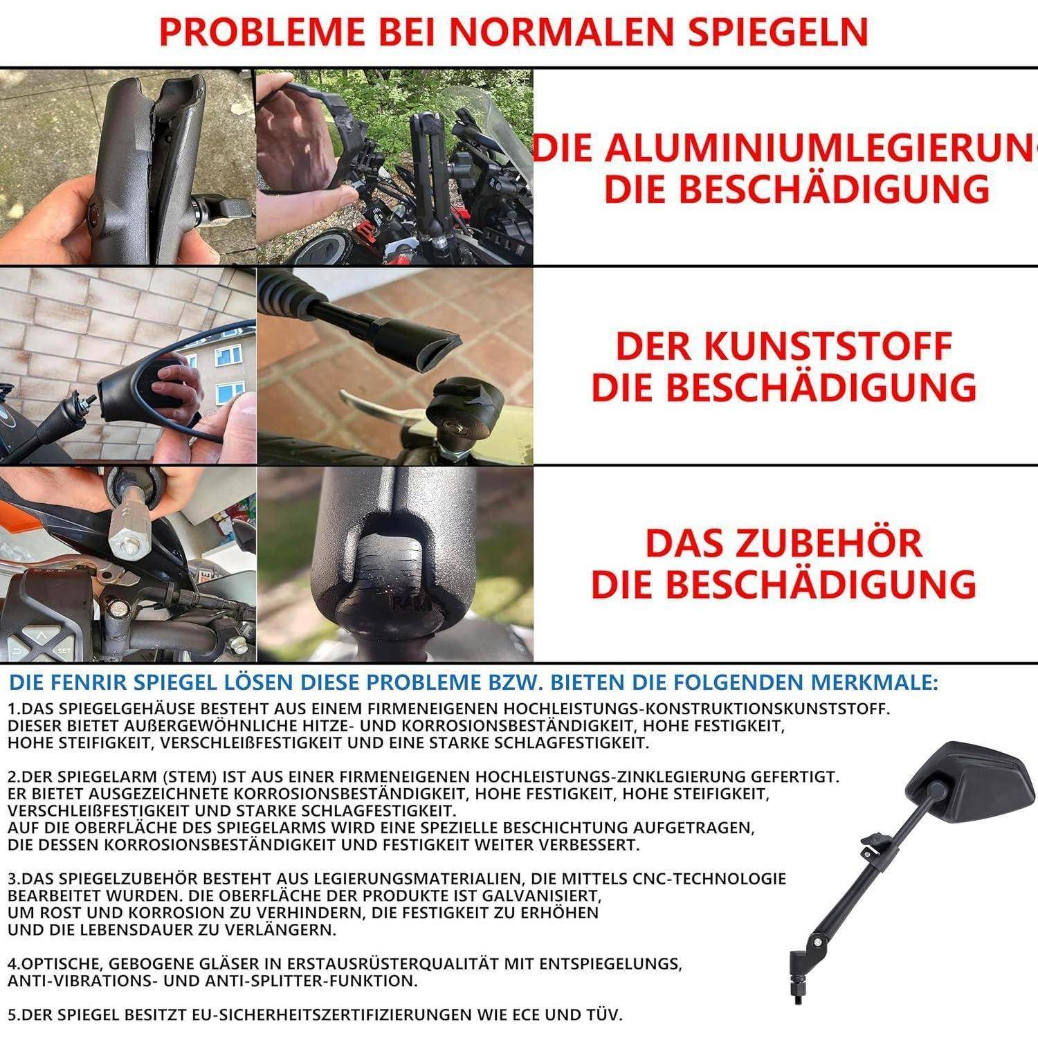 FENRIR E Geprüft Motorrad Spiegel Seitenspiegel Rückspiegel Unzerstörbar Faltfunktion Blendschutz Gebogene Linsen Anti-Vibrations Einstellbar kompa