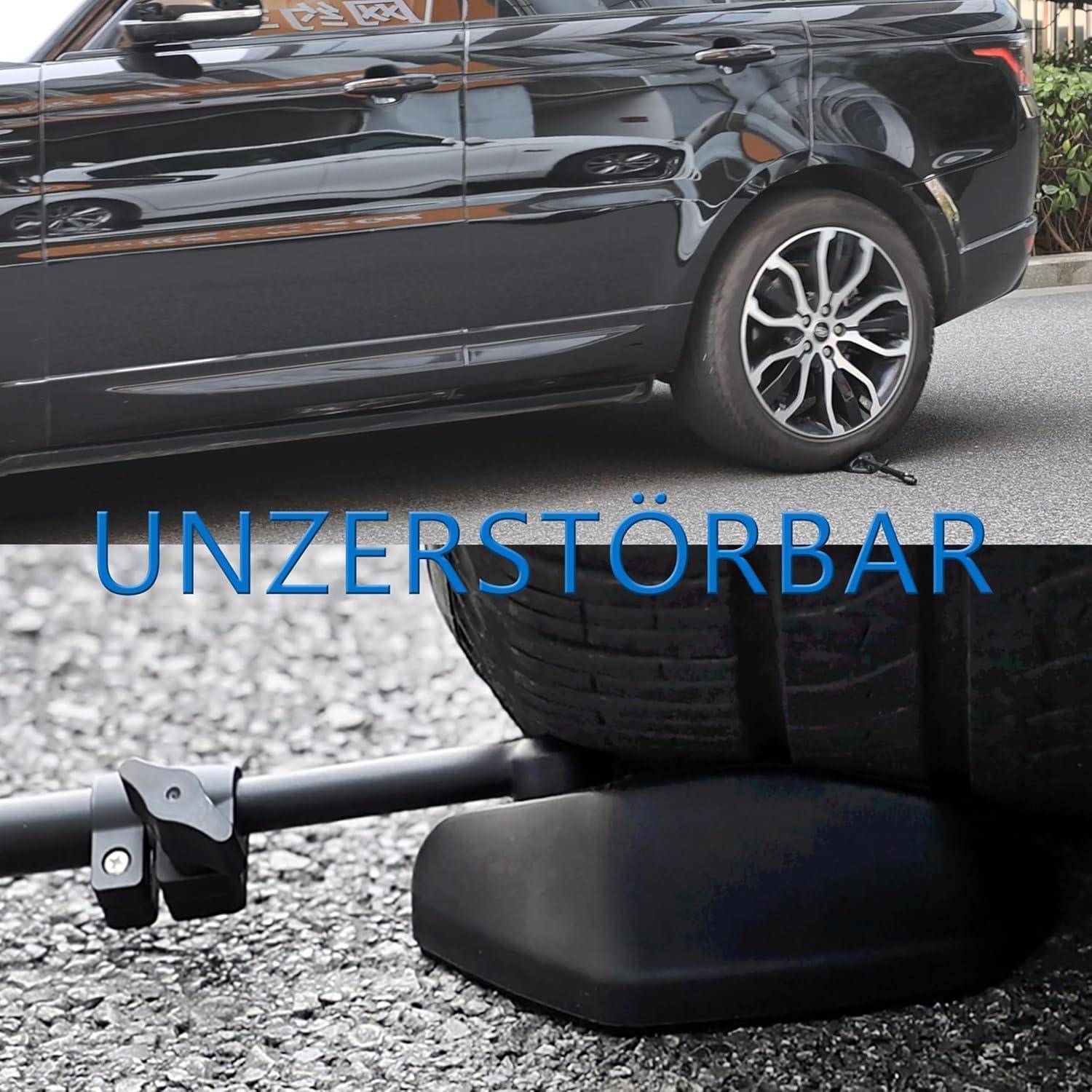 Schwarzer SUV neben einem Parkplatzriegel/Parkbarriere mit dem Wort „UNZERSTÖRBAR