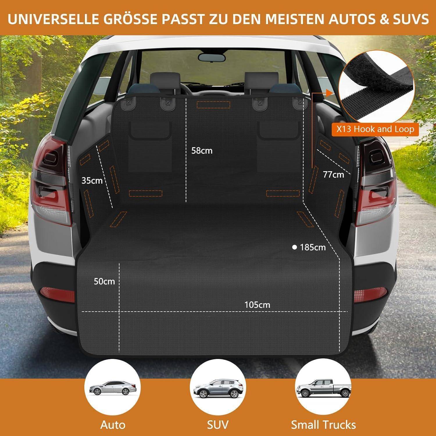 Diagramm zeigt eine Kofferraumauskleidung, die zu den meisten Autos und SUVs passt, mit Abmessungen von 185 cm x 105 cm und Seitenhöhen von 58 cm, 77 cm, 50 cm, 35 cm; enthält X13 Klettverschluss-Befestigung und Fahrzeugsymbole für Auto, SUV und kleine Lastwagen.