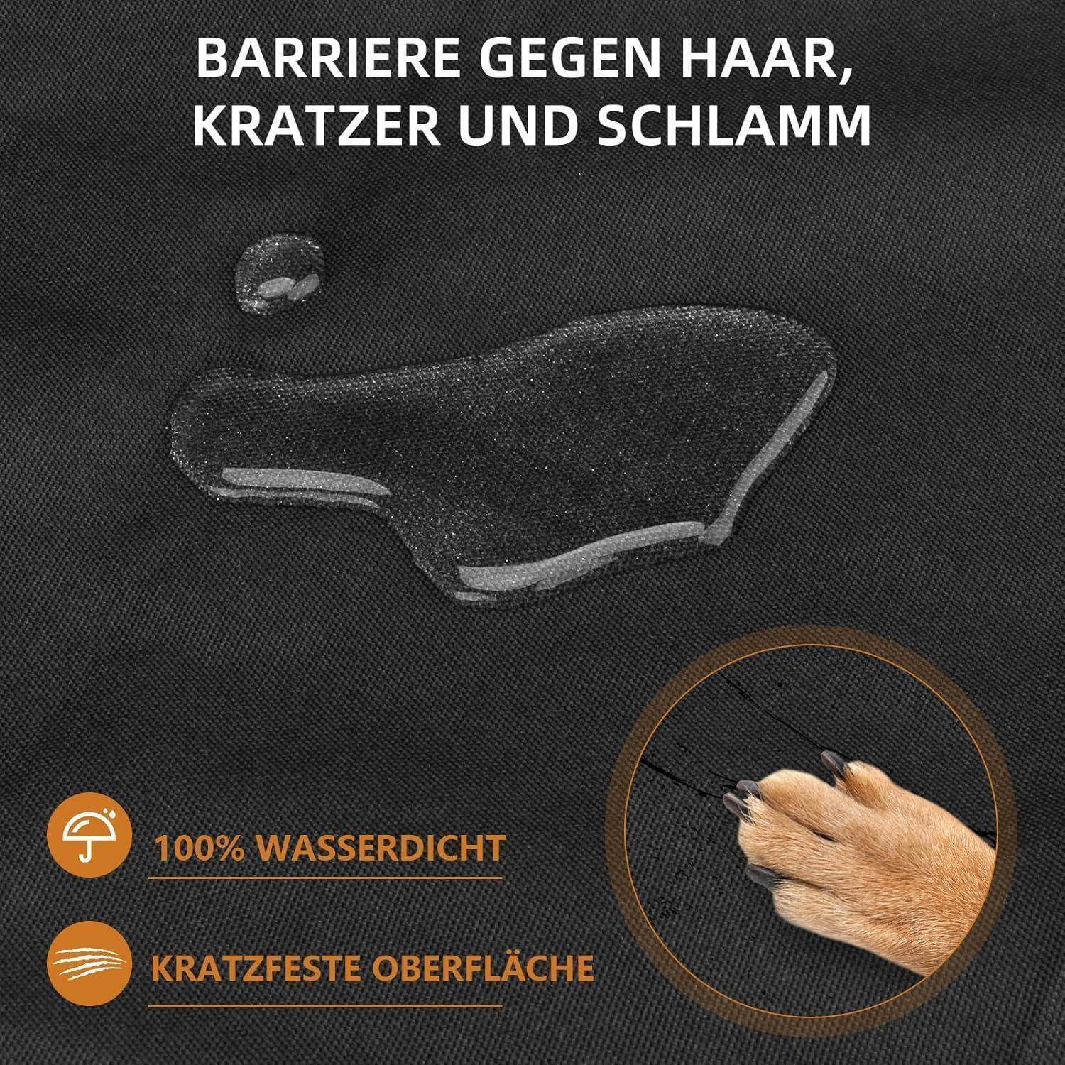 Schwarzes Haustierbett oder Matte mit Wassertropfen, Katzentatze kratzt Nahaufnahme, und deutscher Text, der wasserdichte, kratzfeste Oberfläche bewirbt.