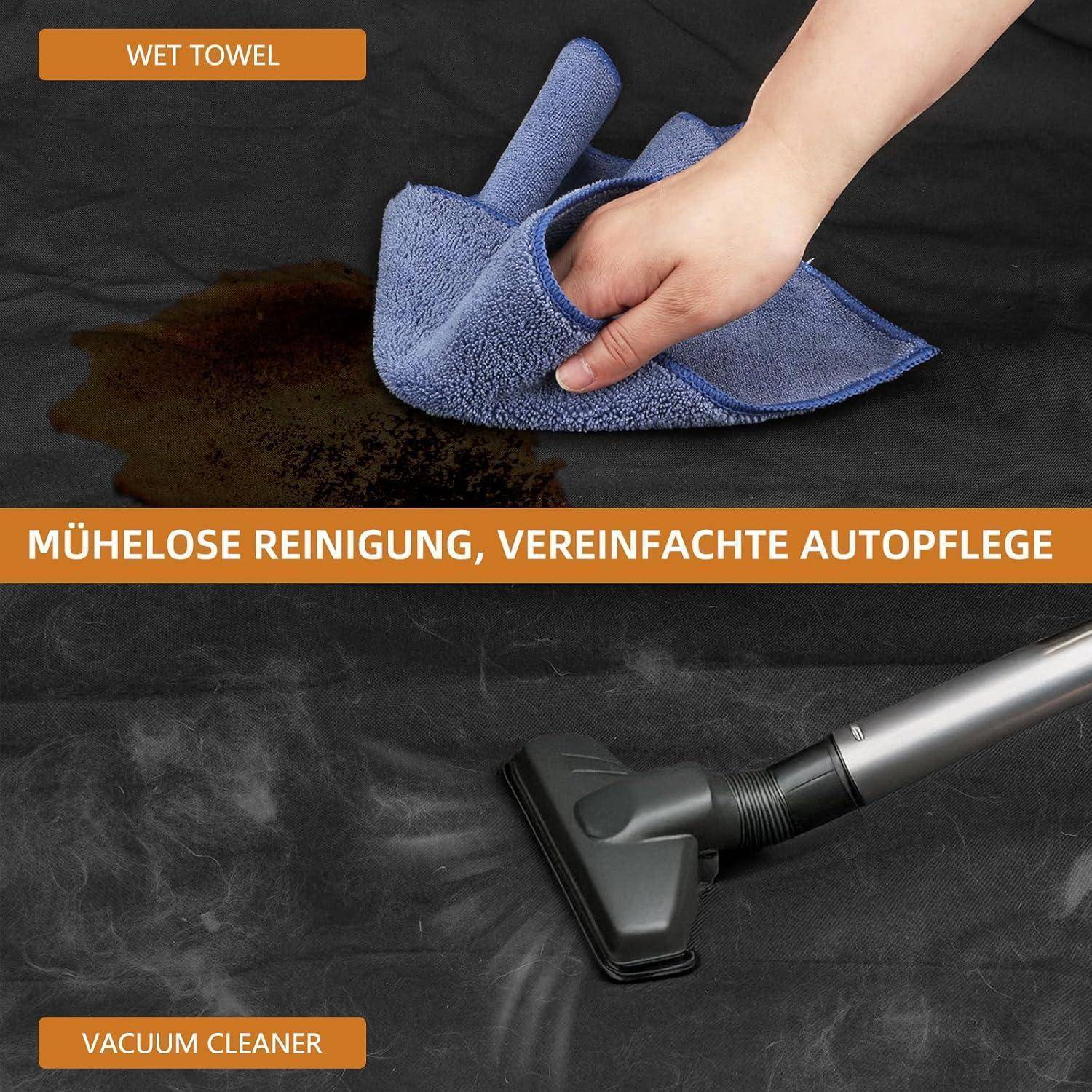 Geteilte Anzeige mit einem nassen Handtuch, das eine Verschüttung aufwischt, und einem Staubsauger auf einer staubigen Oberfläche, mit deutschem Text „Mühelose Reinigung, vereinfachte Autopflege"