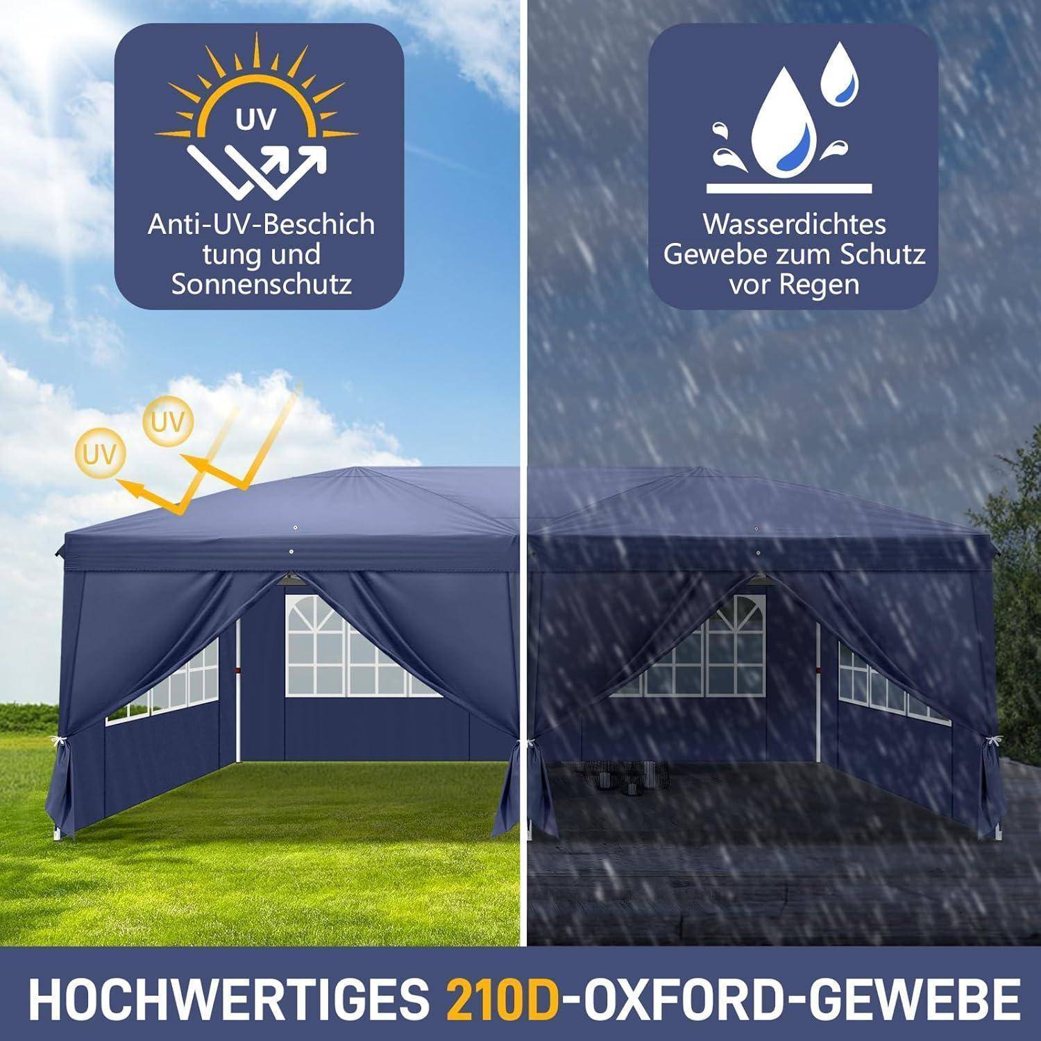 Split-Image-Anzeige zeigt einen blauen Pop-up-Pavillon: links in der Sonne mit UV-Schutz, rechts bei starkem Regen mit wasserdichtem Stoff; Text besagt „hochwertiges 210D-Oxford-Gewebe".