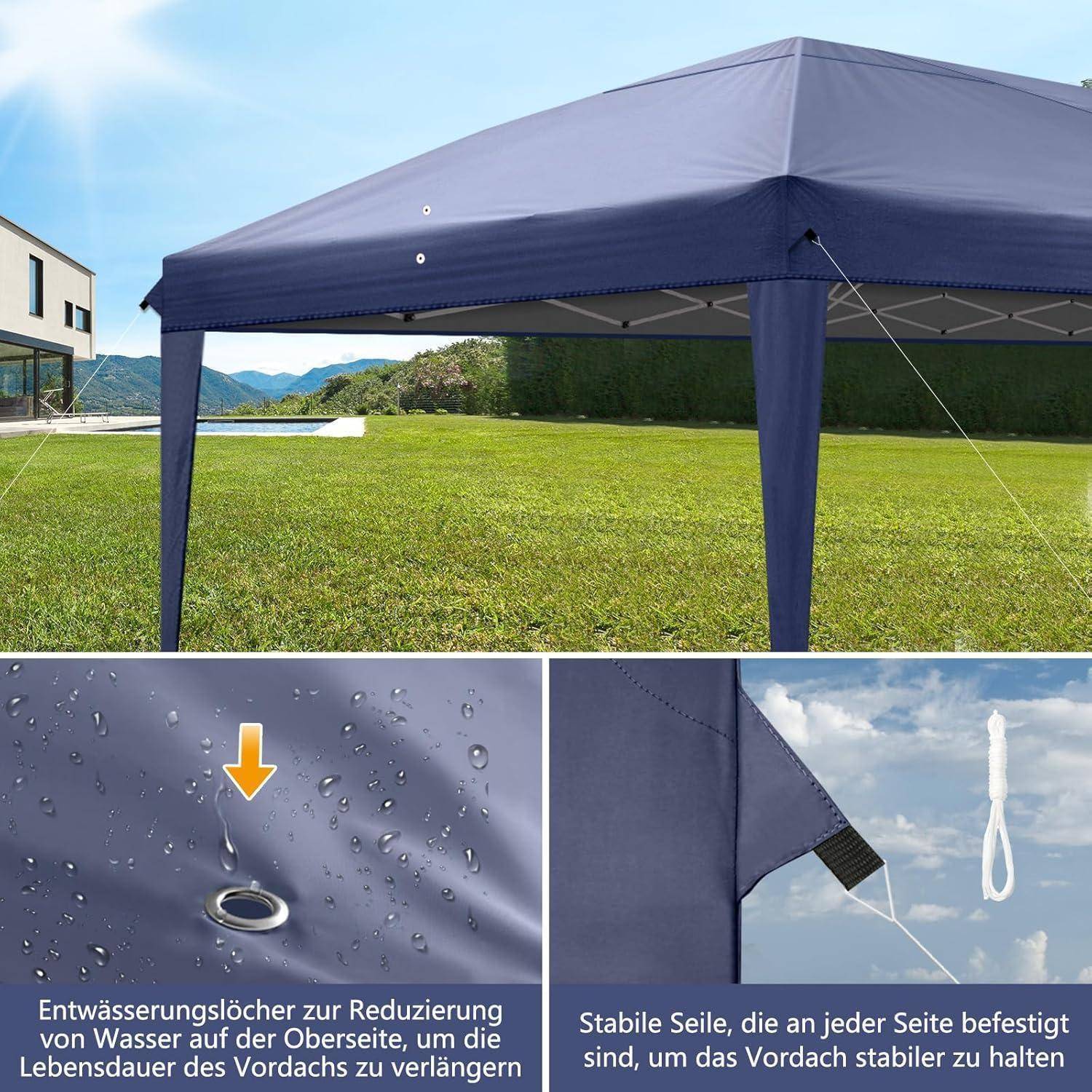 Blaues Outdoor-Markisenzelt auf Gras, mit eingefügten Nahaufnahmen, die Entwässerungslöcher zeigen, die Wasseransammlung reduzieren, und Seitenseile, die den Rahmen sichern.