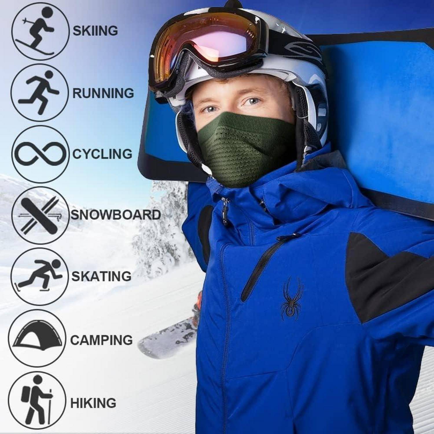 Person in blauer Winterausrüstung und Schutzbrille mit Gesichtsmaske, daneben Symbole mit der Auflistung „Skifahren", „Laufen"", „Radfahren"", „Snowboard"", „Eislaufen"", „Camping"" und „Wandern"" für Mehrsportnutzung.
