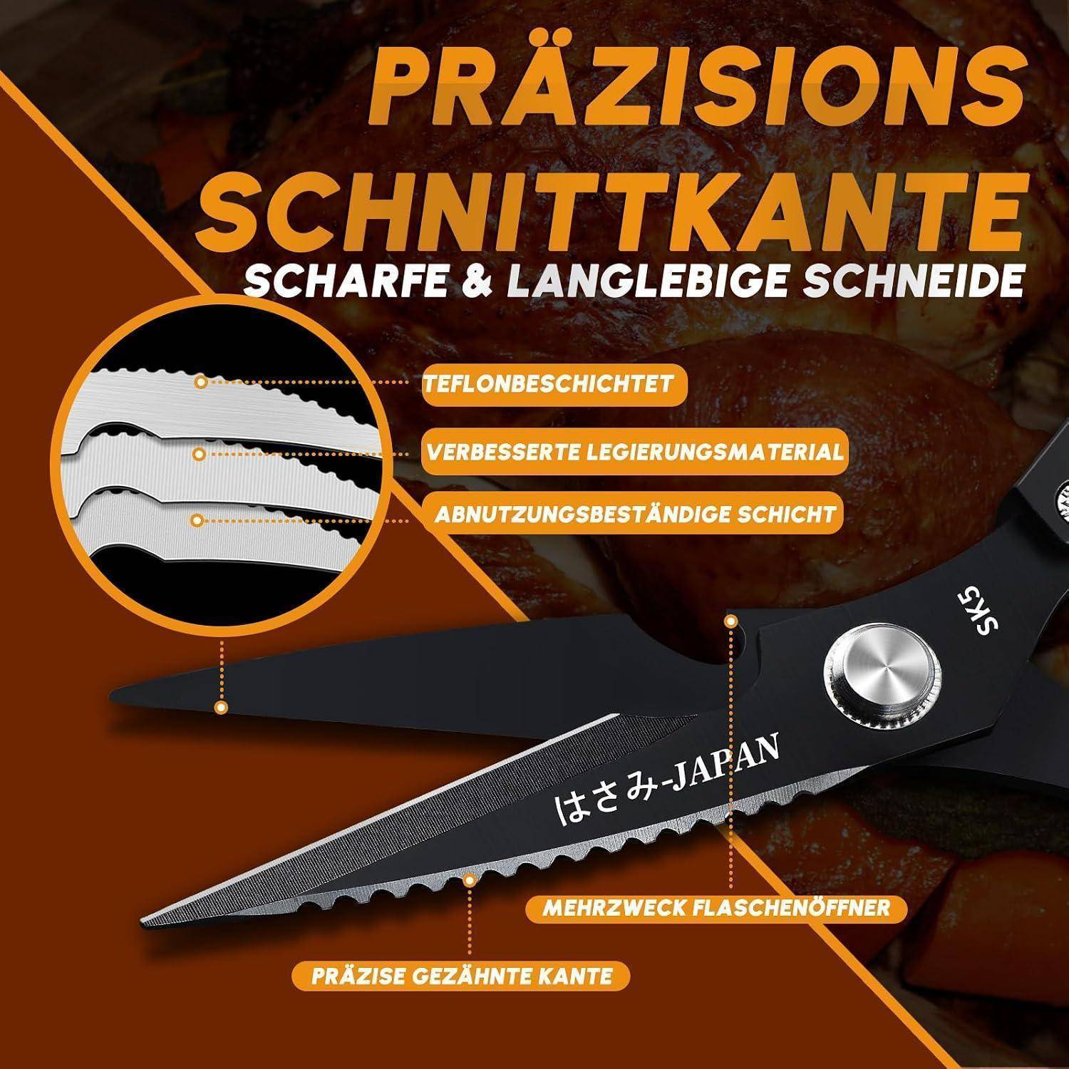 Werbegrafik eines schwarzen Klappmessers mit japanischem Text und Nahaufnahme der Klinge, die „PRÄZISIONS SCHNITTKANTE" bewirbt und Funktionen wie Teflonbeschichtung, langlebierte Legierung und Wellenschliff hervorhebt.