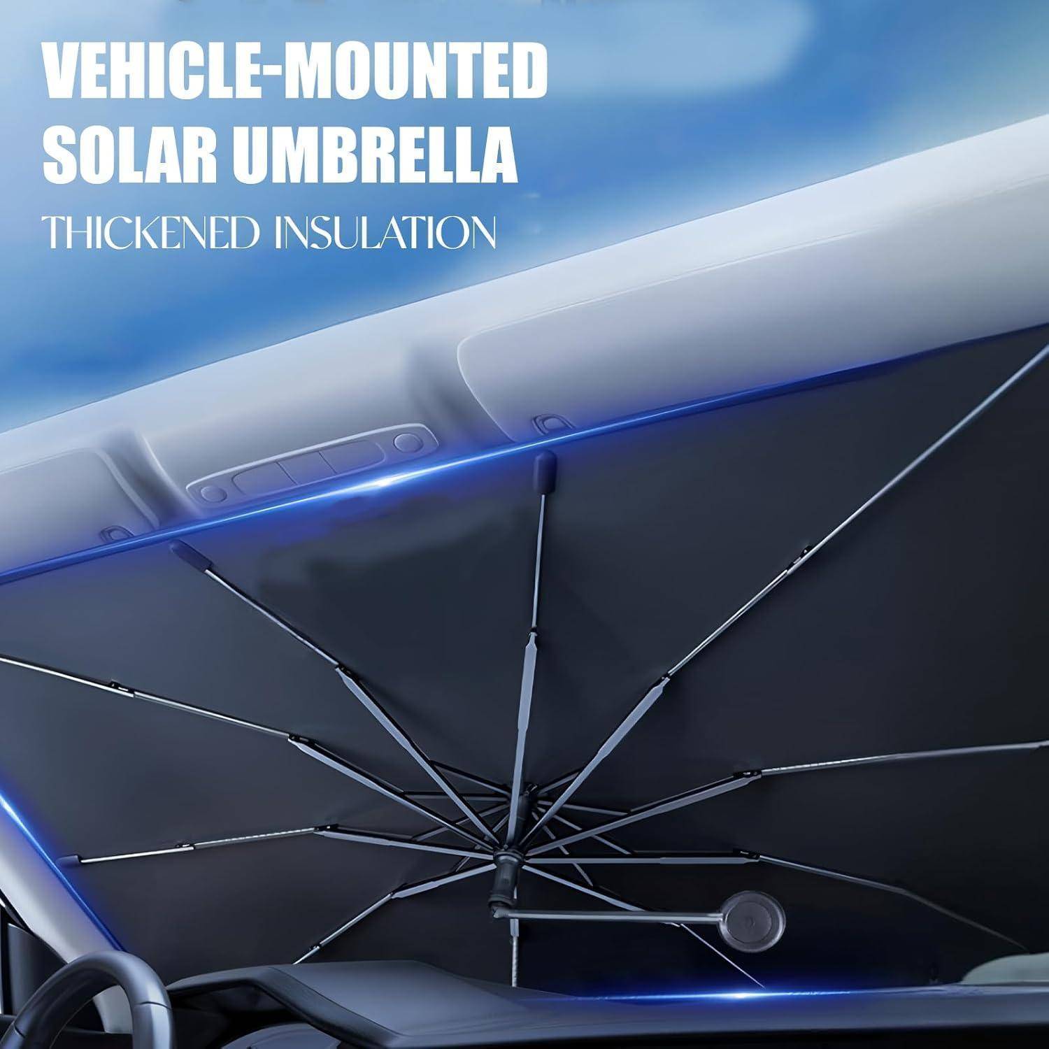 Fahrzeugmontierter Sonnenschirm mit verstärkter Isolierung, geöffnet im Innenraum eines Fahrzeugs, um Sonnenschutz zu bieten.