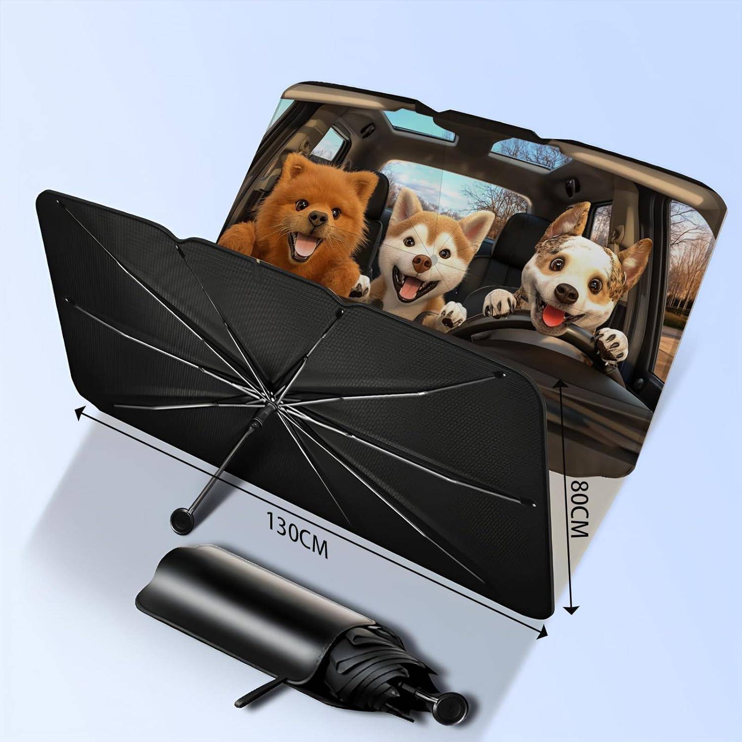Produktbild einer faltbaren schwarzen Auto-Sonnenblende mit den Maßen 130 cm x 80 cm, mit drei Hunden sichtbar im Auto dahinter.