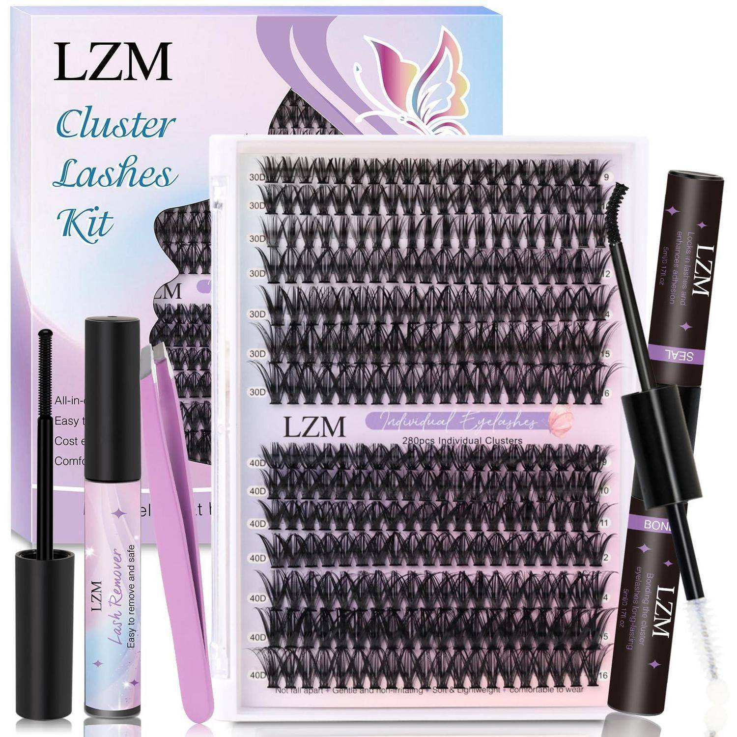 LZM Cluster-Wimpern-Set mit Wimpernpalette, Applikator-Pinzette, Klebstofftubus und maskaraähnlichen Tools in pastellfarbener Verpackung.