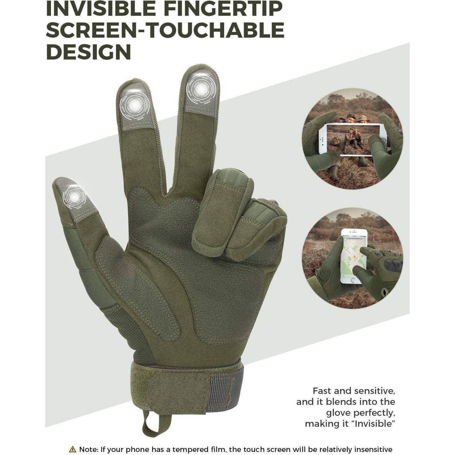 Anzeige für olivgrün gefärbte Touchscreen-Handschuhe mit „UNSICHTBARES FINGERSPITZEN-TOUCHSCREEN-DESIGN