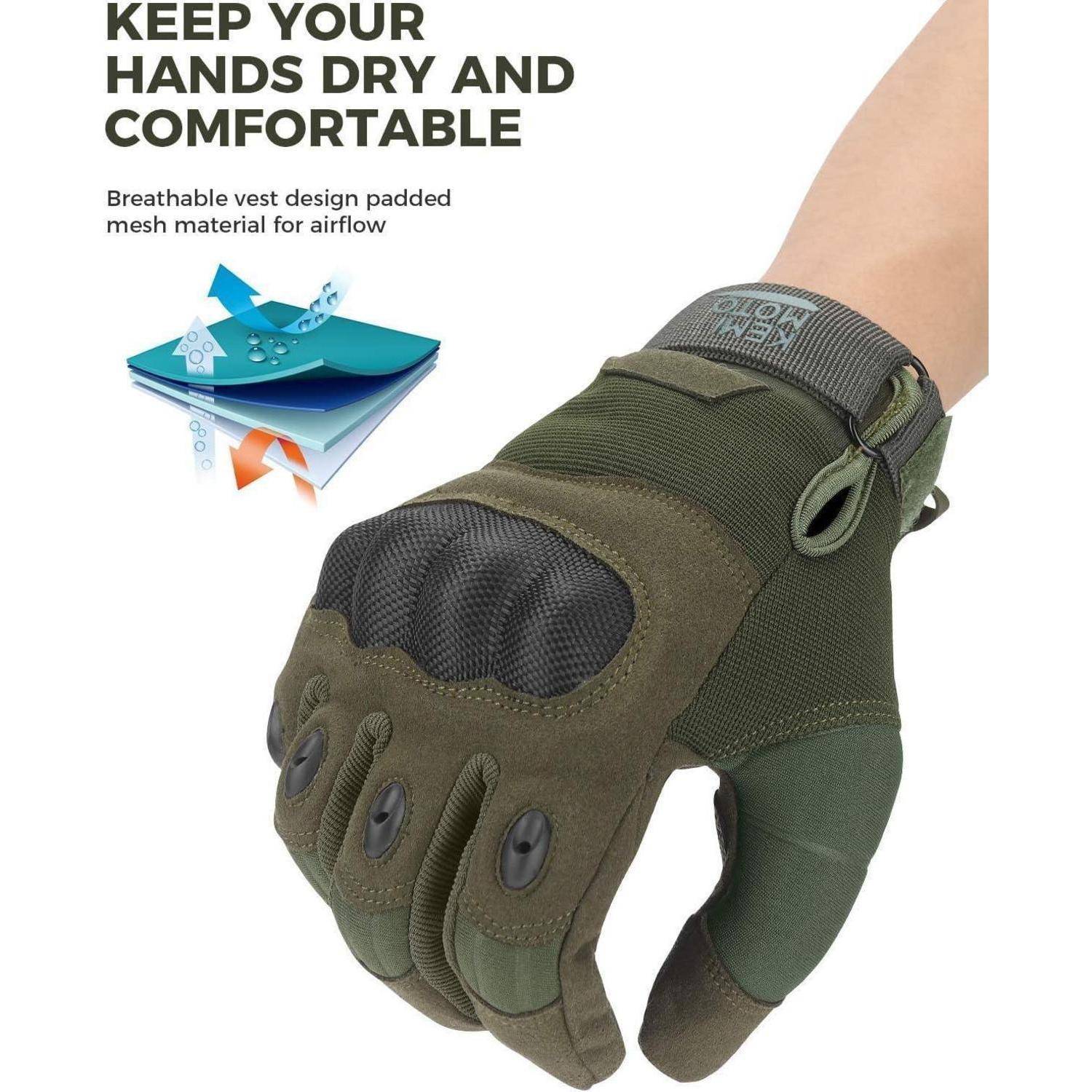 Olivfarbener taktischer Halbfingerhandschuh an einer Hand, mit Text, der atmungsaktives gepolstertes Mesh und „Halten Sie Ihre Hände trocken und komfortabel