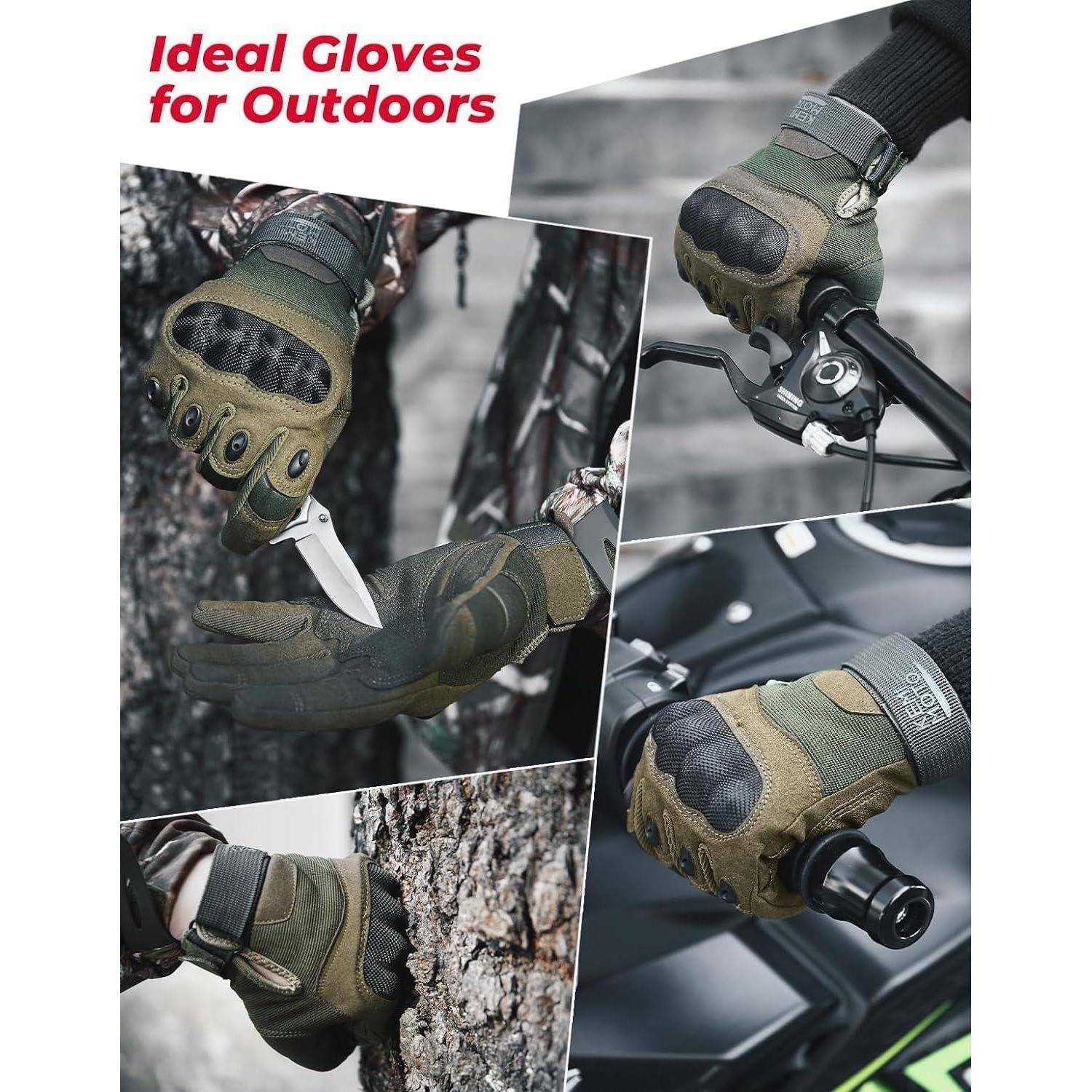 Collage von Taktischen Handschuhen für den Außenbereich, die einen Griff um ein Messer, einen Fahrradlenker und einen Motorrad-Gashebel zeigen, mit der Schlagzeile „Ideale Handschuhe für den Außenbereich