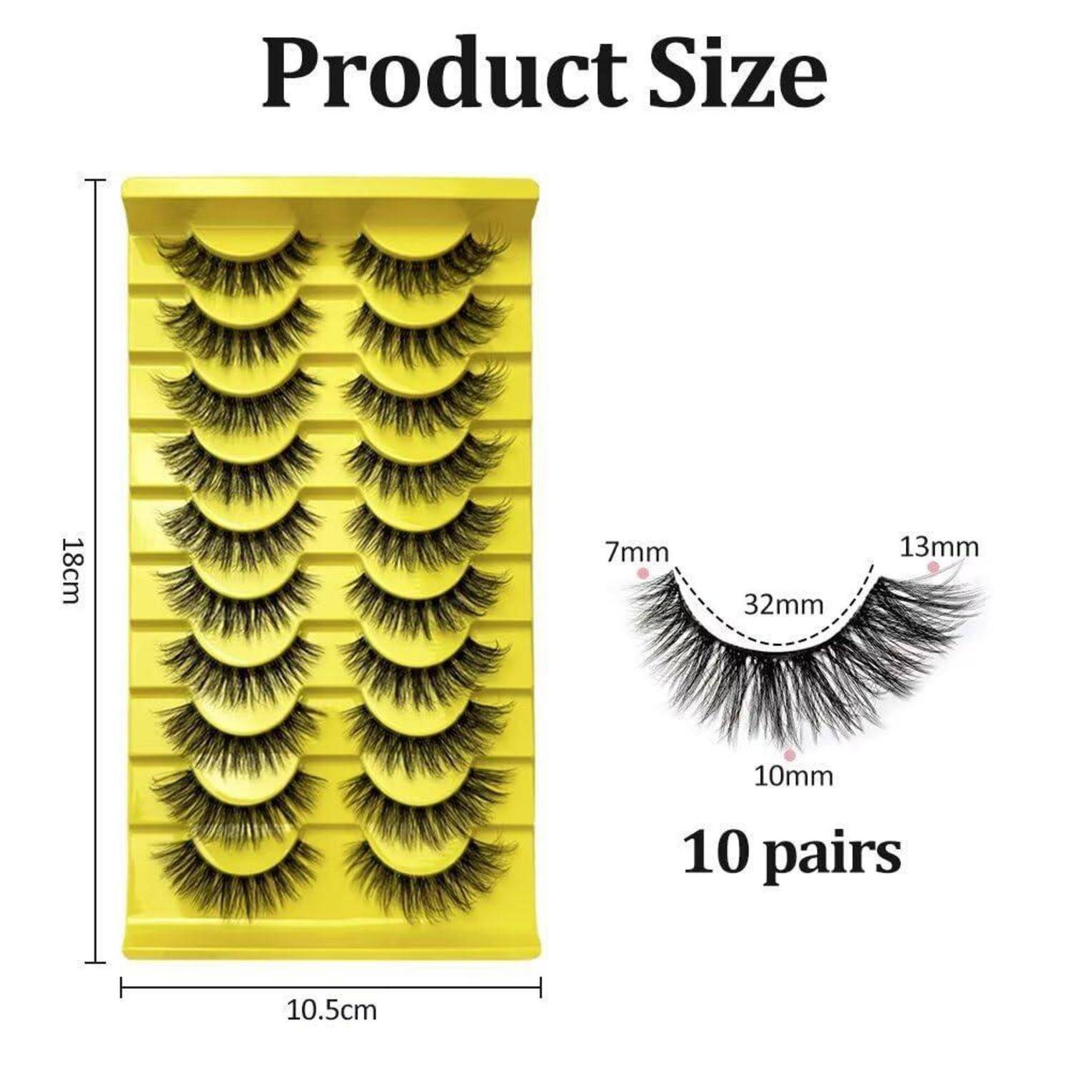 Größentabelle für Wimpernprodukte: Das gelbe Paket enthält 10 Paar, ist 18 cm hoch und 10,5 cm breit; die Wimpernabmessungen werden mit 32 mm Länge und 7 mm, 10 mm und 13 mm Messungen dargestellt.